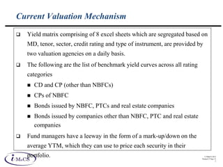© IMaCS 2012
Printed 27-Sep-13
3
Current Valuation Mechanism
 Yield matrix comprising of 8 excel sheets which are segregated based on
MD, tenor, sector, credit rating and type of instrument, are provided by
two valuation agencies on a daily basis.
 The following are the list of benchmark yield curves across all rating
categories
 CD and CP (other than NBFCs)
 CPs of NBFC
 Bonds issued by NBFC, PTCs and real estate companies
 Bonds issued by companies other than NBFC, PTC and real estate
companies
 Fund managers have a leeway in the form of a mark-up/down on the
average YTM, which they can use to price each security in their
portfolio.
 