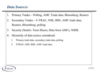 © IMaCS 2012
Printed 27-Sep-13
5
Data Sources
1. Primary Trades – Polling, AMC Trade data, Bloomberg, Reuters
2. Secondary Trades – F-TRAC, NSE, BSE, AMC trade data,
Reuters, Bloomberg, polling
3. Security Details- Term Sheets, Data from AMCs, NSDL
4. Hierarchy of data source considered.
1. Primary trade data, secondary trade data, polling
2. FTRAC, NSE, BSE, AMC trade data
 