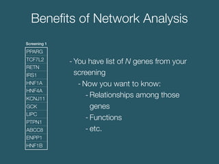 Beneﬁts of Network Analysis
- You have list of N genes from your
screening
- Now you want to know:
- Relationships among t...