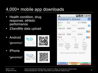 4,000+ mobile app downloads <ul><li>Health condition, drug response, athletic performance  </li></ul><ul><li>23andMe data ...
