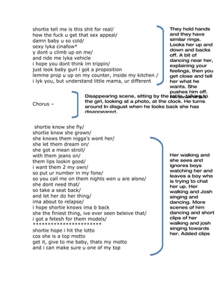 shortie tell me is this shit for real/                      They hold hands
how the fuck u get that sex appeal/                         and they have
damn baby u so cold/                                        similar rings.
sexy lyka cinafow*                                          Looks her up and
                                                            down and backs
y dont u climb up on me/
                                                            off. A bit of
and ride me lyka vehicle                                    dancing near her,
i hope you dont think im trippin/                           explaining your
just look baby gurl i got a proposition                     feelings, then you
lemme prop u up on my counter, inside my kitchen /          get close and tell
i lyk you, but understand little mama, ur different         her what he
                                                            wants. She
                                                            pushes him off.
                      Disappearing scene, sitting by the He looks at his
                                                            table, talking to
                      the girl, looking at a photo, at the clock. He turns
Chorus –
                      around In disgust when he looks back she has
                      disappeared.


 shortie know she fly/
shortie know she grown/
she knows them nigga's wont her/
she let them dream on/
she got a mean stroll/
with them jeans on/                                        Her walking and
them lips lookin good/                                     she sees and
i want them 2 my own/                                      ignores boys
                                                           watching her and
so put ur number in my fone/
                                                           leaves a boy who
so you call me on them nights wen u are alone/             is trying to chat
she dont need that/                                        her up. Her
so take a seat back/                                       walking and Josh
and let her do her thing/                                  singing and
ima about to relapse/                                      dancing. More
i hope shortie knows ima b back                            scenes of him
she the finiest thing, ive ever seen beleive that/         dancing and short
i got a fetesh for them models/                            clips of her
***********************                                    walking and josh
                                                           singing towards
shortie hope i hit the lotto
                                                           her. Added clips
cos she is a top motto
get it, give to me baby, thats my motto
and i can make sure u one of my top
 