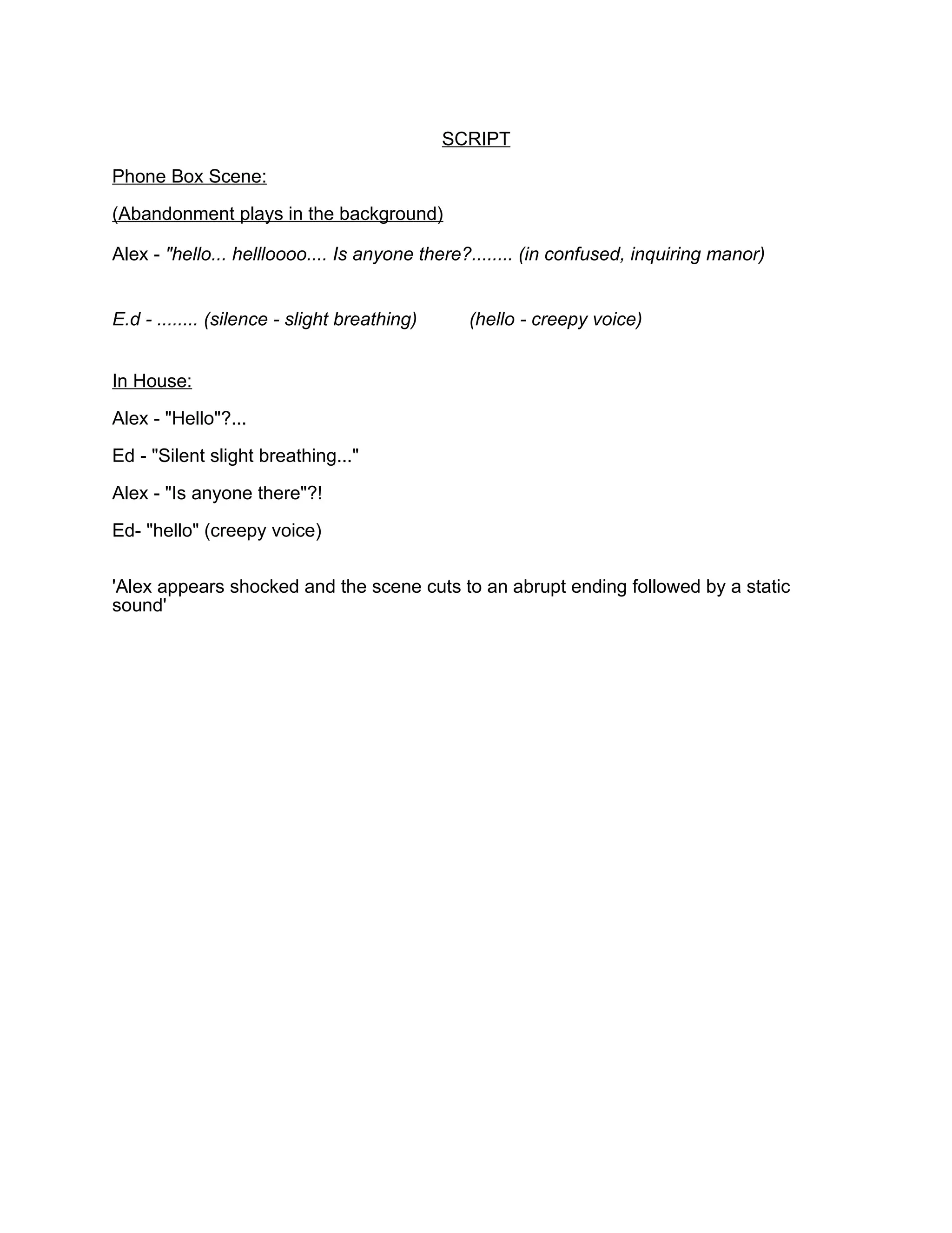 SCRIPT
Phone Box Scene:
(Abandonment plays in the background)
Alex - "hello... hellloooo.... Is anyone there?........ (in confused, inquiring manor)
E.d - ........ (silence - slight breathing) (hello - creepy voice)
In House:
Alex - "Hello"?...
Ed - "Silent slight breathing..."
Alex - "Is anyone there"?!
Ed- "hello" (creepy voice)
'Alex appears shocked and the scene cuts to an abrupt ending followed by a static
sound'