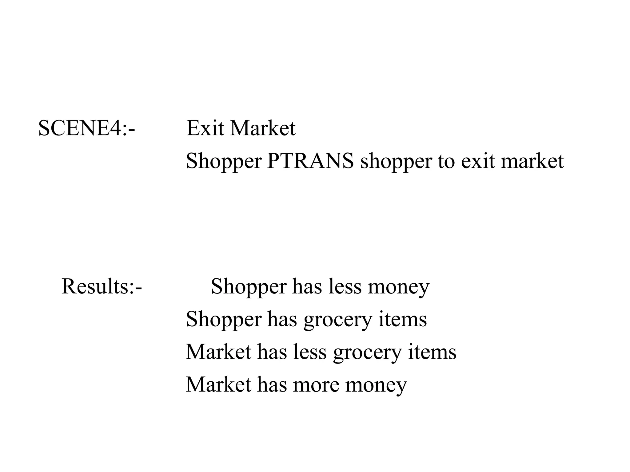 SCENE4:-     Exit Market
             Shopper PTRANS shopper to exit market




 Results:-     Shopper has less money
             Shopper has grocery items
             Market has less grocery items
             Market has more money
 