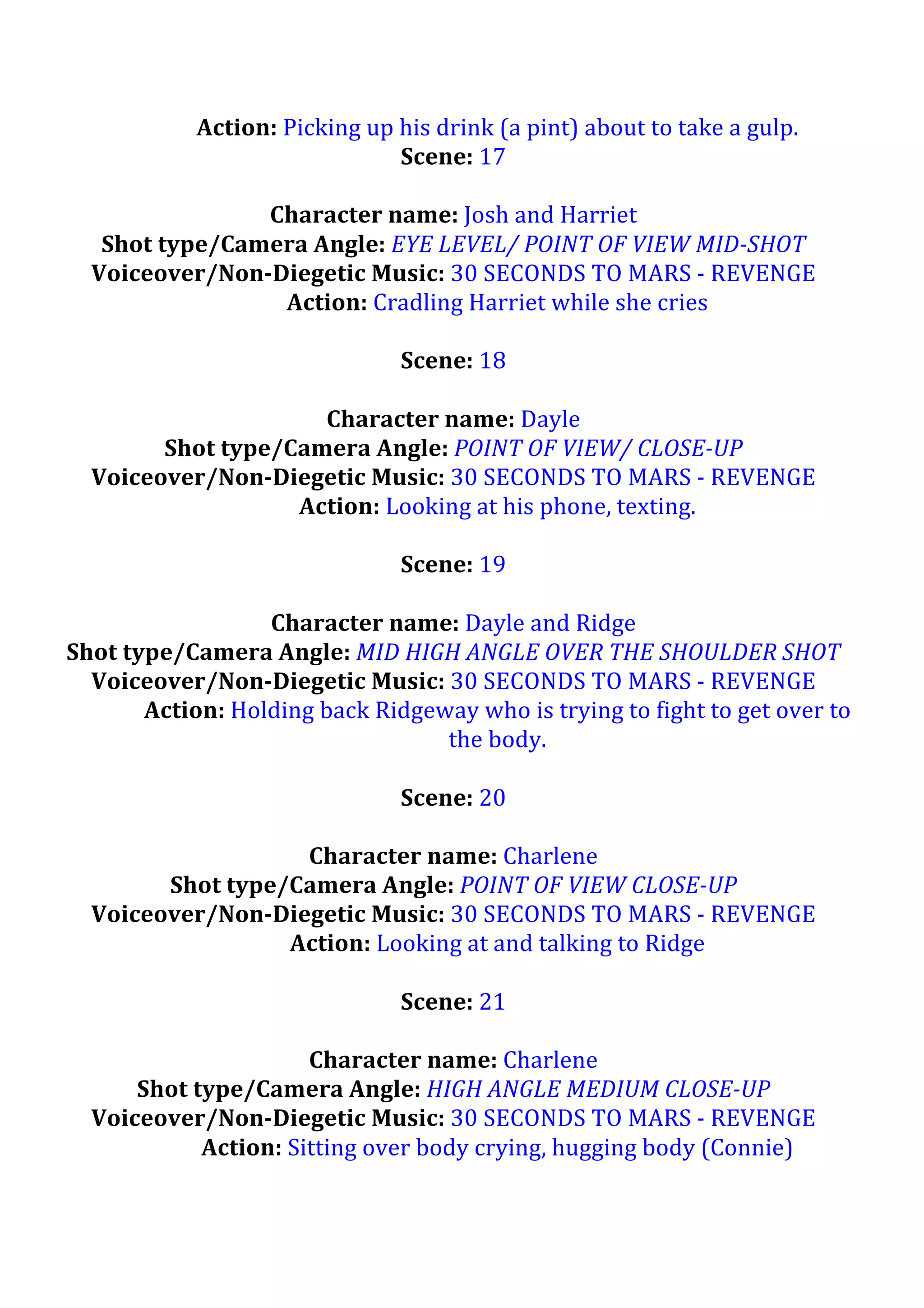 Action:	
  Picking	
  up	
  his	
  drink	
  (a	
  pint)	
  about	
  to	
  take	
  a	
  gulp.	
  	
  
Scene:	
  17	
  
	
  
Character	
  name:	
  Josh	
  and	
  Harriet	
  
Shot	
  type/Camera	
  Angle:	
  EYE	
  LEVEL/	
  POINT	
  OF	
  VIEW	
  MID-­‐SHOT	
  
Voiceover/Non-­‐Diegetic	
  Music:	
  30	
  SECONDS	
  TO	
  MARS	
  -­‐	
  REVENGE	
  
Action:	
  Cradling	
  Harriet	
  while	
  she	
  cries	
  	
  
	
  
Scene:	
  18	
  
	
  
Character	
  name:	
  Dayle	
  
Shot	
  type/Camera	
  Angle:	
  POINT	
  OF	
  VIEW/	
  CLOSE-­‐UP	
  
Voiceover/Non-­‐Diegetic	
  Music:	
  30	
  SECONDS	
  TO	
  MARS	
  -­‐	
  REVENGE	
  
Action:	
  Looking	
  at	
  his	
  phone,	
  texting.	
  
	
  
Scene:	
  19	
  
	
  
Character	
  name:	
  Dayle	
  and	
  Ridge	
  
Shot	
  type/Camera	
  Angle:	
  MID	
  HIGH	
  ANGLE	
  OVER	
  THE	
  SHOULDER	
  SHOT	
  
Voiceover/Non-­‐Diegetic	
  Music:	
  30	
  SECONDS	
  TO	
  MARS	
  -­‐	
  REVENGE	
  
Action:	
  Holding	
  back	
  Ridgeway	
  who	
  is	
  trying	
  to	
  fight	
  to	
  get	
  over	
  to	
  
the	
  body.	
  
	
  
Scene:	
  20	
  
	
  
Character	
  name:	
  Charlene	
  	
  
Shot	
  type/Camera	
  Angle:	
  POINT	
  OF	
  VIEW	
  CLOSE-­‐UP	
  
Voiceover/Non-­‐Diegetic	
  Music:	
  30	
  SECONDS	
  TO	
  MARS	
  -­‐	
  REVENGE	
  
Action:	
  Looking	
  at	
  and	
  talking	
  to	
  Ridge	
  
	
  
Scene:	
  21	
  
	
  
Character	
  name:	
  Charlene	
  
Shot	
  type/Camera	
  Angle:	
  HIGH	
  ANGLE	
  MEDIUM	
  CLOSE-­‐UP	
  
Voiceover/Non-­‐Diegetic	
  Music:	
  30	
  SECONDS	
  TO	
  MARS	
  -­‐	
  REVENGE	
  
Action:	
  Sitting	
  over	
  body	
  crying,	
  hugging	
  body	
  (Connie)	
  	
  
	
  

 