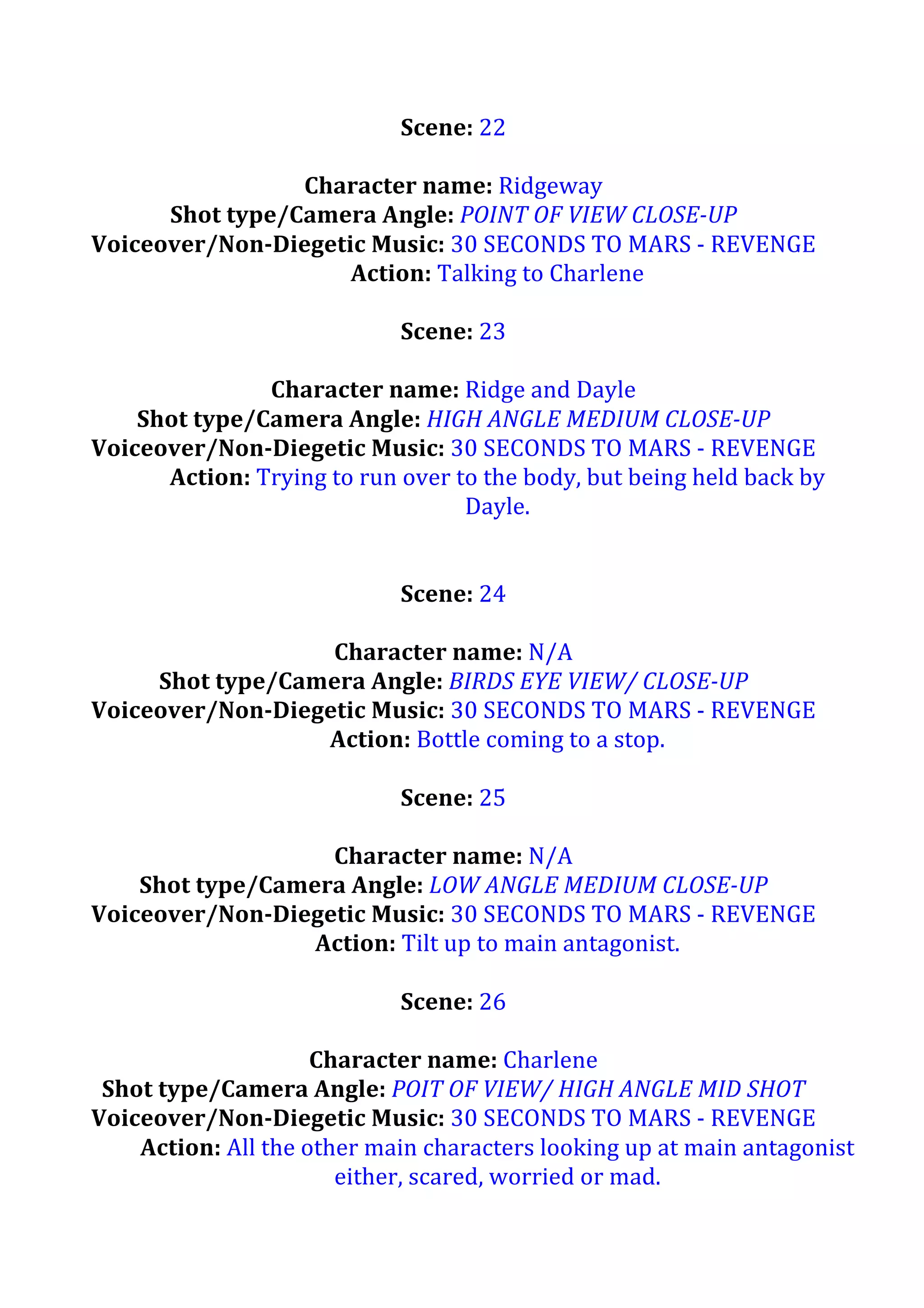 Scene:	
  22	
  
	
  
Character	
  name:	
  Ridgeway	
  
Shot	
  type/Camera	
  Angle:	
  POINT	
  OF	
  VIEW	
  CLOSE-­‐UP	
  
Voiceover/Non-­‐Diegetic	
  Music:	
  30	
  SECONDS	
  TO	
  MARS	
  -­‐	
  REVENGE	
  
Action:	
  Talking	
  to	
  Charlene	
  
	
  
Scene:	
  23	
  
	
  
Character	
  name:	
  Ridge	
  and	
  Dayle	
  
Shot	
  type/Camera	
  Angle:	
  HIGH	
  ANGLE	
  MEDIUM	
  CLOSE-­‐UP	
  
Voiceover/Non-­‐Diegetic	
  Music:	
  30	
  SECONDS	
  TO	
  MARS	
  -­‐	
  REVENGE	
  
Action:	
  Trying	
  to	
  run	
  over	
  to	
  the	
  body,	
  but	
  being	
  held	
  back	
  by	
  
Dayle.	
  	
  	
  
	
  	
  
	
  
Scene:	
  24	
  
	
  
Character	
  name:	
  N/A	
  
Shot	
  type/Camera	
  Angle:	
  BIRDS	
  EYE	
  VIEW/	
  CLOSE-­‐UP	
  
Voiceover/Non-­‐Diegetic	
  Music:	
  30	
  SECONDS	
  TO	
  MARS	
  -­‐	
  REVENGE	
  
Action:	
  Bottle	
  coming	
  to	
  a	
  stop.	
  
	
  
Scene:	
  25	
  
	
  
Character	
  name:	
  N/A	
  
Shot	
  type/Camera	
  Angle:	
  LOW	
  ANGLE	
  MEDIUM	
  CLOSE-­‐UP	
  
Voiceover/Non-­‐Diegetic	
  Music:	
  30	
  SECONDS	
  TO	
  MARS	
  -­‐	
  REVENGE	
  
Action:	
  Tilt	
  up	
  to	
  main	
  antagonist.	
  	
  
	
  
Scene:	
  26	
  
	
  
Character	
  name:	
  Charlene	
  
Shot	
  type/Camera	
  Angle:	
  POIT	
  OF	
  VIEW/	
  HIGH	
  ANGLE	
  MID	
  SHOT	
  
Voiceover/Non-­‐Diegetic	
  Music:	
  30	
  SECONDS	
  TO	
  MARS	
  -­‐	
  REVENGE	
  
Action:	
  All	
  the	
  other	
  main	
  characters	
  looking	
  up	
  at	
  main	
  antagonist	
  
either,	
  scared,	
  worried	
  or	
  mad.	
  	
  	
  

 