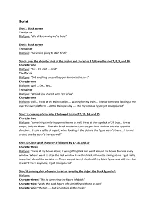 Script
Shot 1: black screen
The Doctor
Dialogue: “We all know why we’re here”
Shot 5: Black screen
The Doctor
Dialogue: “So who is going to start first?”
Shot 6: over the shoulder shot of the doctor and character 1 followed by shot 7, 8, 9, and 10.
Character one
Dialogue: “Err… I’ll start …. First”
The Doctor
Dialogue: “Did anything unusual happen to you in the past”
Character one
Dialogue: Well … Err… Yes…
The Doctor
Dialogue: “Would you share it with rest of us”
Character one
Dialogue: well … I was at the train station …. Waiting for my train…. I notice someone looking at me
over the over platform … As the train pass by ….. The mysterious figure just disappeared”
Shot 11: close up of character 2 followed by shot 12, 13, 14, and 15
Character two
Dialogue: “something similar happened to me as well, I was at the top deck of 24 buss… It was
empty, only me there … Then this black mysterious person gets into the buss and sits opposite
direction… I took a selfie of myself, when looking at the picture the figure wasn’t there…. I turned
around one he wasn’t there as well”
Shot 16: Close up of character 3 followed by 17, 18, and 19
Character three
Dialogue: “I was at my house alone; it was getting dark so I went around the house to close every
window. When I went to close the last window I saw this black silhouette staring at me. I got really
scared so I closed the curtains ….. Three second later, I checked if the black figure was still there but
it wasn’t there anymore, it just disappeared”
Shot 20 panning shot of every character revealing the object the black figure left
Dialogue:
Character three: “This is something the figure left back”
Character two: “yeah, the black figure left something with me as well”
Character one: “Me too ….. But what does all this mean”
 