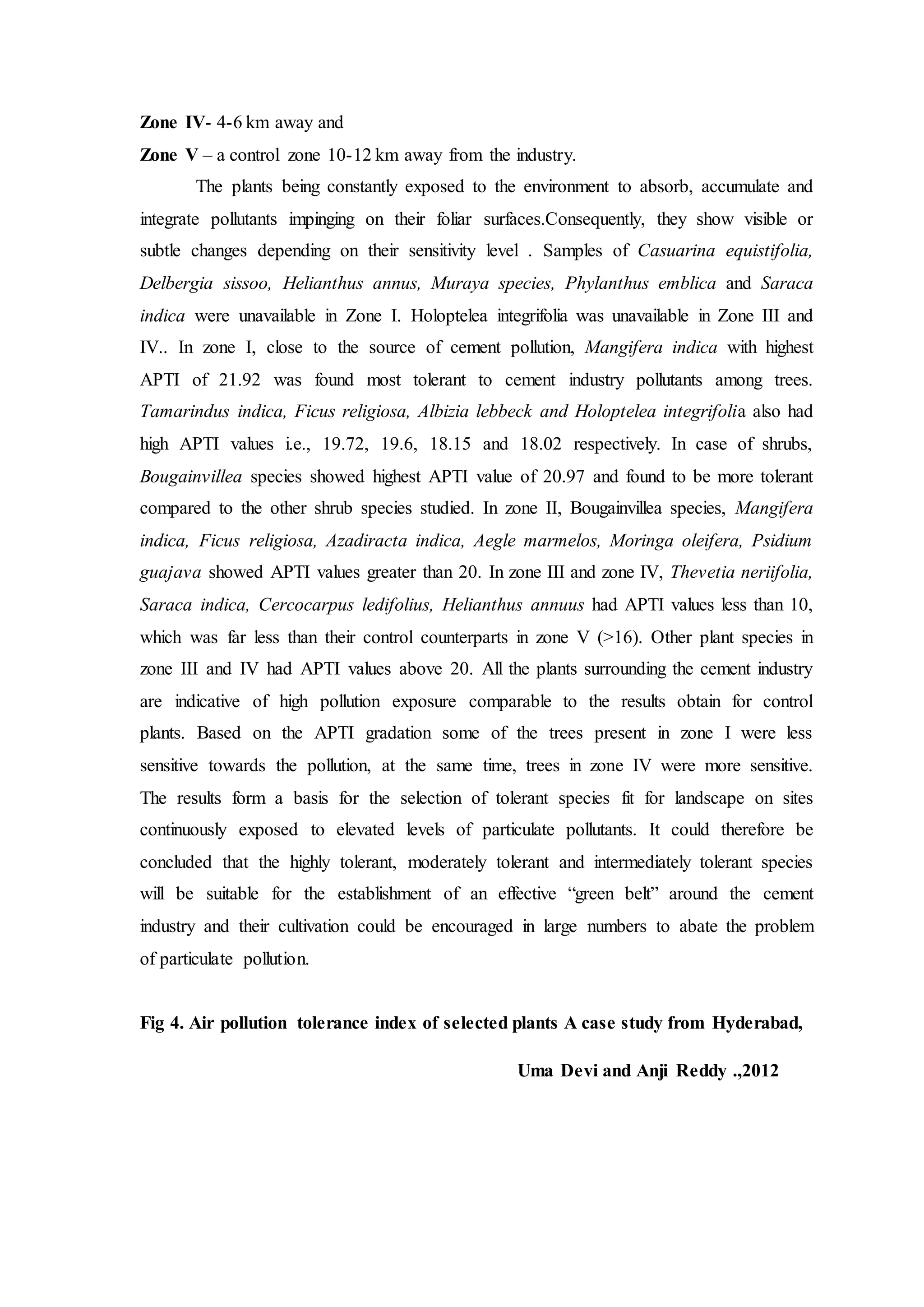 Zone IV- 4-6 km away and
Zone V – a control zone 10-12 km away from the industry.
The plants being constantly exposed to the environment to absorb, accumulate and
integrate pollutants impinging on their foliar surfaces.Consequently, they show visible or
subtle changes depending on their sensitivity level . Samples of Casuarina equistifolia,
Delbergia sissoo, Helianthus annus, Muraya species, Phylanthus emblica and Saraca
indica were unavailable in Zone I. Holoptelea integrifolia was unavailable in Zone III and
IV.. In zone I, close to the source of cement pollution, Mangifera indica with highest
APTI of 21.92 was found most tolerant to cement industry pollutants among trees.
Tamarindus indica, Ficus religiosa, Albizia lebbeck and Holoptelea integrifolia also had
high APTI values i.e., 19.72, 19.6, 18.15 and 18.02 respectively. In case of shrubs,
Bougainvillea species showed highest APTI value of 20.97 and found to be more tolerant
compared to the other shrub species studied. In zone II, Bougainvillea species, Mangifera
indica, Ficus religiosa, Azadiracta indica, Aegle marmelos, Moringa oleifera, Psidium
guajava showed APTI values greater than 20. In zone III and zone IV, Thevetia neriifolia,
Saraca indica, Cercocarpus ledifolius, Helianthus annuus had APTI values less than 10,
which was far less than their control counterparts in zone V (>16). Other plant species in
zone III and IV had APTI values above 20. All the plants surrounding the cement industry
are indicative of high pollution exposure comparable to the results obtain for control
plants. Based on the APTI gradation some of the trees present in zone I were less
sensitive towards the pollution, at the same time, trees in zone IV were more sensitive.
The results form a basis for the selection of tolerant species fit for landscape on sites
continuously exposed to elevated levels of particulate pollutants. It could therefore be
concluded that the highly tolerant, moderately tolerant and intermediately tolerant species
will be suitable for the establishment of an effective “green belt” around the cement
industry and their cultivation could be encouraged in large numbers to abate the problem
of particulate pollution.
Fig 4. Air pollution tolerance index of selected plants A case study from Hyderabad,
Uma Devi and Anji Reddy .,2012
 