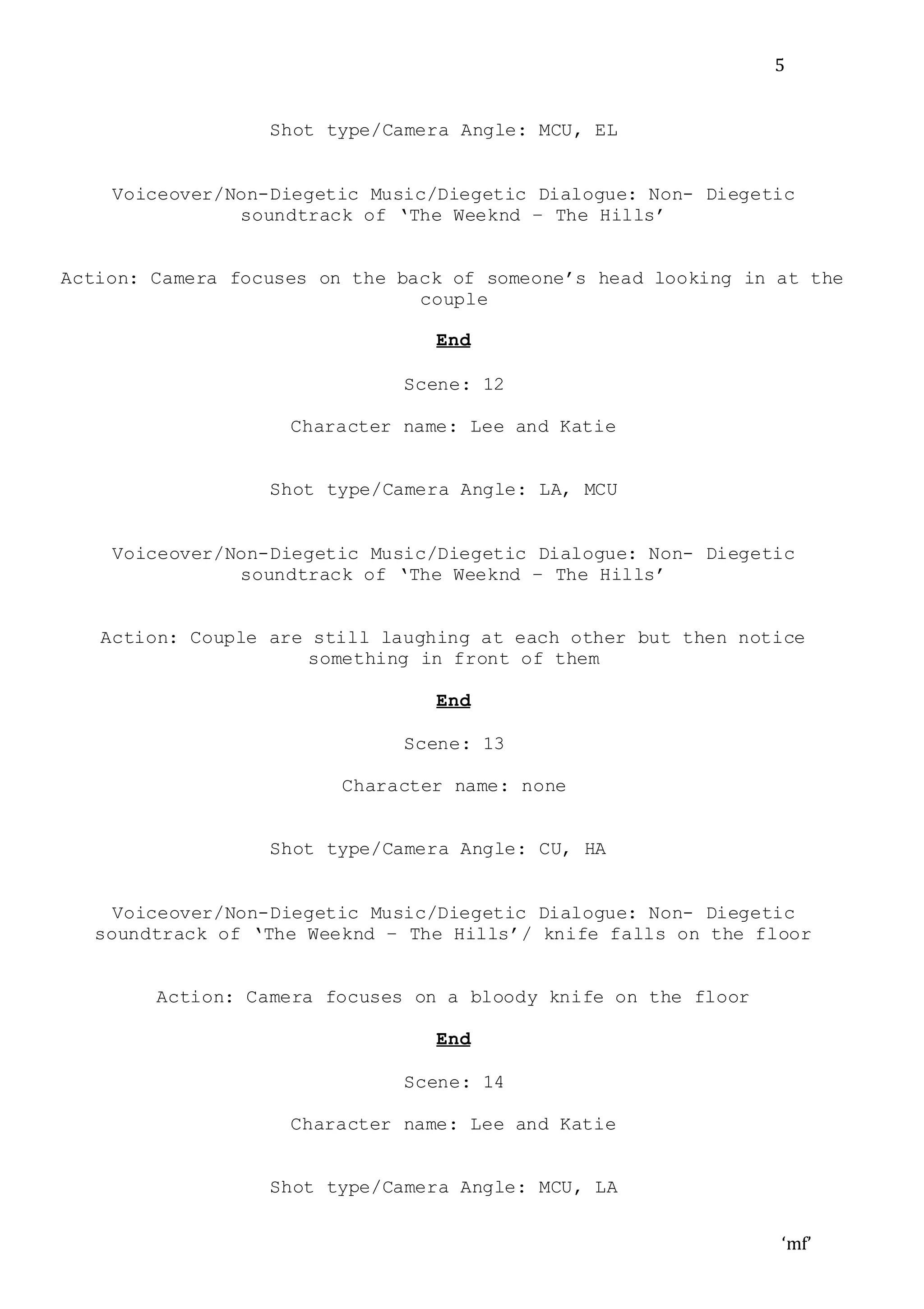 ‘mf’
5
Shot type/Camera Angle: MCU, EL
Voiceover/Non-Diegetic Music/Diegetic Dialogue: Non- Diegetic
soundtrack of ‘The Weeknd – The Hills’
Action: Camera focuses on the back of someone’s head looking in at the
couple
End
Scene: 12
Character name: Lee and Katie
Shot type/Camera Angle: LA, MCU
Voiceover/Non-Diegetic Music/Diegetic Dialogue: Non- Diegetic
soundtrack of ‘The Weeknd – The Hills’
Action: Couple are still laughing at each other but then notice
something in front of them
End
Scene: 13
Character name: none
Shot type/Camera Angle: CU, HA
Voiceover/Non-Diegetic Music/Diegetic Dialogue: Non- Diegetic
soundtrack of ‘The Weeknd – The Hills’/ knife falls on the floor
Action: Camera focuses on a bloody knife on the floor
End
Scene: 14
Character name: Lee and Katie
Shot type/Camera Angle: MCU, LA
 