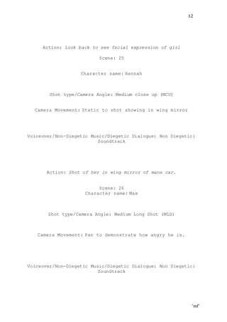 ‘mf’
12
Action: Look back to see facial expression of girl
Scene: 25
Character name: Hannah
Shot type/Camera Angle: Medium close up (MCU)
Camera Movement: Static to shot showing in wing mirror
Voiceover/Non-Diegetic Music/Diegetic Dialogue: Non Diegetic:
Soundtrack
Action: Shot of her in wing mirror of mans car.
Scene: 26
Character name: Max
Shot type/Camera Angle: Medium Long Shot (MLS)
Camera Movement: Pan to demonstrate how angry he is.
Voiceover/Non-Diegetic Music/Diegetic Dialogue: Non Diegetic:
Soundtrack
 