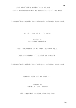 ‘mf’
18
Shot type/Camera Angle: Close up (CU)
Camera Movement: Static to demonstrate girl 2’s face
Voiceover/Non-Diegetic Music/Diegetic Dialogue: Soundtrack
Action: Shot of girl 2s face.
Scene: 38
Character name: N/A
Shot type/Camera Angle: Very long shot (VLS)
Camera Movement: Static shot of hospital.
Voiceover/Non-Diegetic Music/Diegetic Dialogue: Soundtrack
Action: Long shot of hospital.
Scene: 39
Character name: Hannah
Shot type/Camera Angle: Long shot (LS)
 