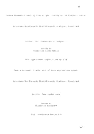 ‘mf’
19
Camera Movement: Tracking shot of girl coming out of hospital doors.
Voiceover/Non-Diegetic Music/Diegetic Dialogue: Soundtrack
Action: Girl coming out of hospital.
Scene: 40
Character name: Hannah
Shot type/Camera Angle: Close up (CU)
Camera Movement: Static shot of face expressions upset.
Voiceover/Non-Diegetic Music/Diegetic Dialogue: Soundtrack
Action: Face coming out.
Scene: 41
Character name: N/A
Shot type/Camera Angle: N/A
 