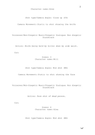 ‘mf’
2
Character name: Alex
Shot type/Camera Angle: Close up (CU)
Camera Movement: Static to shot showing the knife
Voiceover/Non-Diegetic Music/Diegetic Dialogue: Non diegetic
Soundtrack
Action: Knife being held by killer down by side waist.
Cut:
Scene: 3
Character name: Will
Shot type/Camera Angle: Mid shot (MS)
Camera Movement: Static to shot showing the face
Voiceover/Non-Diegetic Music/Diegetic Dialogue: Non diegetic
Soundtrack
Action: Face shot of dead person.
Cut:
Scene: 4
Character name: Alex
Shot type/Camera Angle: Mid shot (MS)
 