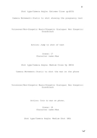 ‘mf’
8
Shot type/Camera Angle: Extreme Close up(ECU)
Camera Movement: Static to shot showing the pregnancy test
Voiceover/Non-Diegetic Music/Diegetic Dialogue: Non Diegetic:
Soundtrack
Action: Jump to shot of test
Scene: 17
Character name: Max
Shot type/Camera Angle: Medium Close Up (MCU)
Camera Movement: Static to shot the man on the phone
Voiceover/Non-Diegetic Music/Diegetic Dialogue: Non Diegetic:
Soundtrack
Action: Cuts to man on phone.
Scene: 18
Character name: Max
Shot type/Camera Angle: Medium Shot (MS)
 