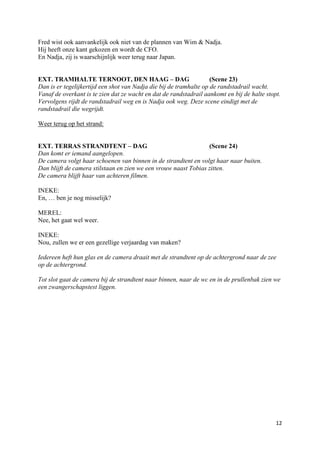Fred wist ook aanvankelijk ook niet van de plannen van Wim & Nadja.
Hij heeft onze kant gekozen en wordt de CFO.
En Nadja, zij is waarschijnlijk weer terug naar Japan.


EXT. TRAMHALTE TERNOOT, DEN HAAG – DAG                              (Scene 23)
Dan is er tegelijkertijd een shot van Nadja die bij de tramhalte op de randstadrail wacht.
Vanaf de overkant is te zien dat ze wacht en dat de randstadrail aankomt en bij de halte stopt.
Vervolgens rijdt de randstadrail weg en is Nadja ook weg. Deze scene eindigt met de
randstadrail die wegrijdt.

Weer terug op het strand:


EXT. TERRAS STRANDTENT – DAG                                     (Scene 24)
Dan komt er iemand aangelopen.
De camera volgt haar schoenen van binnen in de strandtent en volgt haar naar buiten.
Dan blijft de camera stilstaan en zien we een vrouw naast Tobias zitten.
De camera blijft haar van achteren filmen.

INEKE:
En, … ben je nog misselijk?

MEREL:
Nee, het gaat wel weer.

INEKE:
Nou, zullen we er een gezellige verjaardag van maken?

Iedereen heft hun glas en de camera draait met de strandtent op de achtergrond naar de zee
op de achtergrond.

Tot slot gaat de camera bij de strandtent naar binnen, naar de wc en in de prullenbak zien we
een zwangerschapstest liggen.




                                                                                             12
 