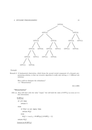 3   DYNAMIC PROGRAMMING                                                                          15

                                                                        OP T (6)




                                               OP T (5)                                        OP T (3)




                                   OP T (4)                  OP T (3)                    OP T (2)    OP T (1)




                             OP T (3)    OP T (0)     OP T (2)     OP T (1)        OP T (1)    OP T (0)




                       OP T (2)    OP T (1)    OP T (1)      OP T (0)




               OP T (1)      OP T (0)


 Example:
Remark 2: A fundamental observation, which forms the second crucial component of a dynamic pro-
          gramming solution, is that our recursive algorithm is really only solving n + 1 diﬀerent sub
          solutions.

            How could we eliminate the redundancy?
            =⇒ ”Memorization”

                                                                                              22.11.2005

     ”Memorization”
  M [0..n]: M [j] will start with the value ”empty” but will hold the value of OP T (j) as soon as it is
            ﬁrst determined.

            M-OPT(j)
            if j=0 then
                return 0
            else
                if M[j] is not empty then
                   return M[j]
                else
                   M[j] = max(vj + M-OPT(p(j)), M-OPT(j − 1))
            return M[j]
            Iterative-M-OPT(j)
 
