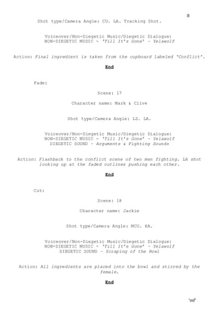 ‘mf’
8
Shot type/Camera Angle: CU. LA. Tracking Shot.
Voiceover/Non-Diegetic Music/Diegetic Dialogue:
NON-DIEGETIC MUSIC - ‘Till It’s Gone’ – Yelawolf
Action: Final ingredient is taken from the cupboard labeled ‘Conflict’.
End
Fade:
Scene: 17
Character name: Mark & Clive
Shot type/Camera Angle: LS. LA.
Voiceover/Non-Diegetic Music/Diegetic Dialogue:
NON-DIEGETIC MUSIC - ‘Till It’s Gone’ – Yelawolf
DIEGETIC SOUND – Arguments & Fighting Sounds
Action: Flashback to the conflict scene of two men fighting. LA shot
looking up at the faded outlines pushing each other.
End
Cut:
Scene: 18
Character name: Jackie
Shot type/Camera Angle: MCU. HA.
Voiceover/Non-Diegetic Music/Diegetic Dialogue:
NON-DIEGETIC MUSIC - ‘Till It’s Gone’ – Yelawolf
DIEGETIC SOUND – Scraping of the Bowl
Action: All ingredients are placed into the bowl and stirred by the
female.
End
 