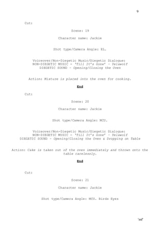 ‘mf’
9
Cut:
Scene: 19
Character name: Jackie
Shot type/Camera Angle: EL.
Voiceover/Non-Diegetic Music/Diegetic Dialogue:
NON-DIEGETIC MUSIC - ‘Till It’s Gone’ – Yelawolf
DIEGETIC SOUND – Opening/Closing the Oven
Action: Mixture is placed into the oven for cooking.
End
Cut:
Scene: 20
Character name: Jackie
Shot type/Camera Angle: MCU.
Voiceover/Non-Diegetic Music/Diegetic Dialogue:
NON-DIEGETIC MUSIC - ‘Till It’s Gone’ – Yelawolf
DIEGETIC SOUND – Opening/Closing the Oven & Dropping on Table
Action: Cake is taken out of the oven immediately and thrown onto the
table carelessly.
End
Cut:
Scene: 21
Character name: Jackie
Shot type/Camera Angle: MCU. Birds Eyes
 