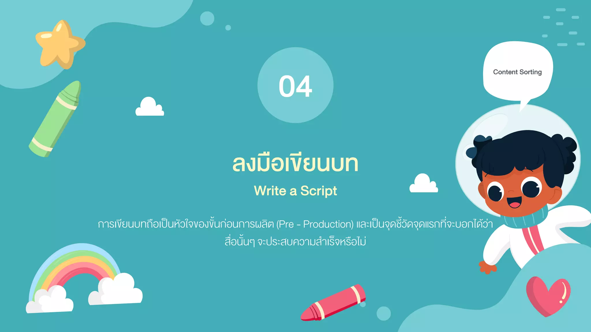Content Sorting
การเขียนบทถือเป็นหัวใจของขั้นก่อนการผลิต(Pre - Production) และเป็นจุดชี้วัดจุดแรกที่จะบอกได้ว่า
สื่อนั้นๆ จะประสบความสาเร็จหรือไม่
ลงมือเขียนบท
Write a Script
04
 