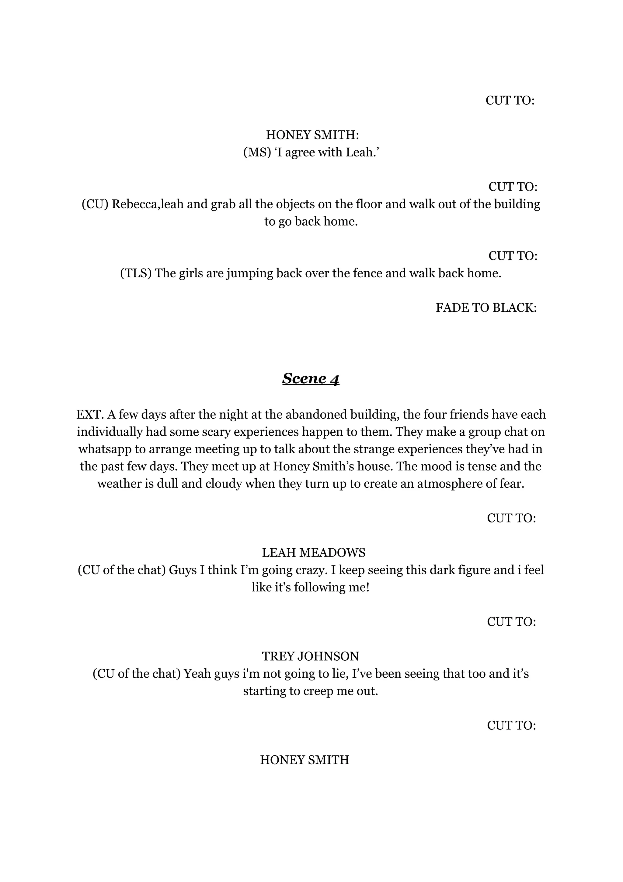 CUT TO:
HONEY SMITH:
(MS) ‘I agree with Leah.’
CUT TO:
(CU) Rebecca,leah and grab all the objects on the floor and walk out of the building
to go back home.
CUT TO:
(TLS) The girls are jumping back over the fence and walk back home.
FADE TO BLACK:
Scene 4
EXT. A few days after the night at the abandoned building, the four friends have each
individually had some scary experiences happen to them. They make a group chat on
whatsapp to arrange meeting up to talk about the strange experiences they’ve had in
the past few days. They meet up at Honey Smith’s house. The mood is tense and the
weather is dull and cloudy when they turn up to create an atmosphere of fear.
CUT TO:
LEAH MEADOWS
(CU of the chat) Guys I think I’m going crazy. I keep seeing this dark figure and i feel
like it's following me!
CUT TO:
TREY JOHNSON
(CU of the chat) Yeah guys i'm not going to lie, I’ve been seeing that too and it’s
starting to creep me out.
CUT TO:
HONEY SMITH
 