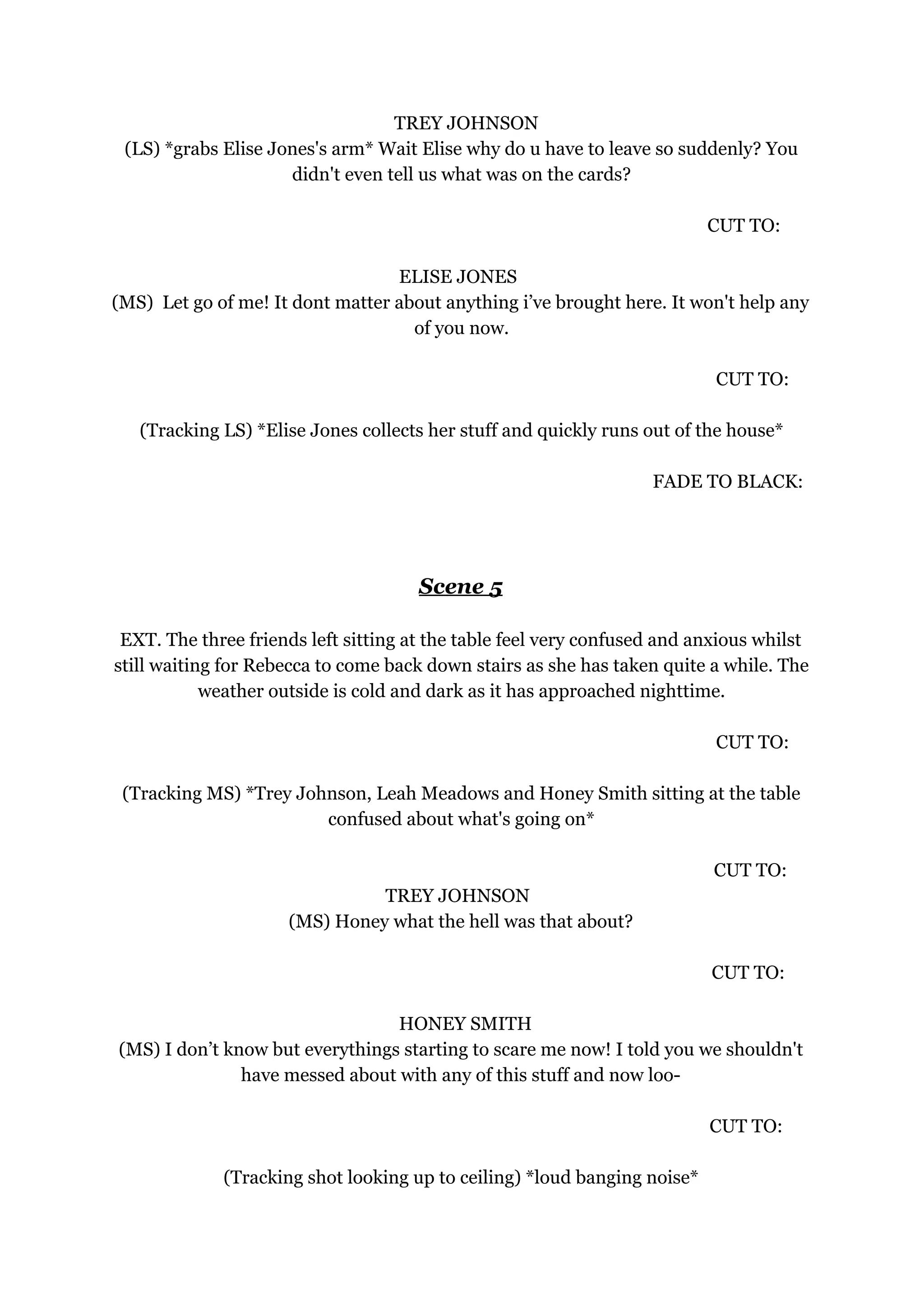 TREY JOHNSON
(LS) *grabs Elise Jones's arm* Wait Elise why do u have to leave so suddenly? You
didn't even tell us what was on the cards?
CUT TO:
ELISE JONES
(MS) Let go of me! It dont matter about anything i’ve brought here. It won't help any
of you now.
CUT TO:
(Tracking LS) *Elise Jones collects her stuff and quickly runs out of the house*
FADE TO BLACK:
Scene 5
EXT. The three friends left sitting at the table feel very confused and anxious whilst
still waiting for Rebecca to come back down stairs as she has taken quite a while. The
weather outside is cold and dark as it has approached nighttime.
CUT TO:
(Tracking MS) *Trey Johnson, Leah Meadows and Honey Smith sitting at the table
confused about what's going on*
CUT TO:
TREY JOHNSON
(MS) Honey what the hell was that about?
CUT TO:
HONEY SMITH
(MS) I don’t know but everythings starting to scare me now! I told you we shouldn't
have messed about with any of this stuff and now loo-
CUT TO:
(Tracking shot looking up to ceiling) *loud banging noise*
 