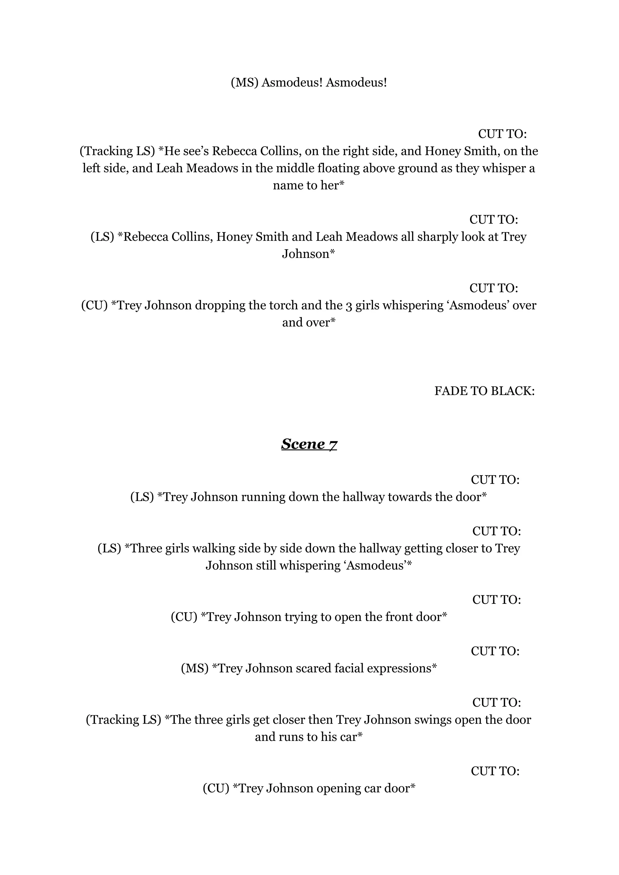 (MS) Asmodeus! Asmodeus!
CUT TO:
(Tracking LS) *He see’s Rebecca Collins, on the right side, and Honey Smith, on the
left side, and Leah Meadows in the middle floating above ground as they whisper a
name to her*
CUT TO:
(LS) *Rebecca Collins, Honey Smith and Leah Meadows all sharply look at Trey
Johnson*
CUT TO:
(CU) *Trey Johnson dropping the torch and the 3 girls whispering ‘Asmodeus’ over
and over*
FADE TO BLACK:
Scene 7
CUT TO:
(LS) *Trey Johnson running down the hallway towards the door*
CUT TO:
(LS) *Three girls walking side by side down the hallway getting closer to Trey
Johnson still whispering ‘Asmodeus’*
CUT TO:
(CU) *Trey Johnson trying to open the front door*
CUT TO:
(MS) *Trey Johnson scared facial expressions*
CUT TO:
(Tracking LS) *The three girls get closer then Trey Johnson swings open the door
and runs to his car*
CUT TO:
(CU) *Trey Johnson opening car door*
 