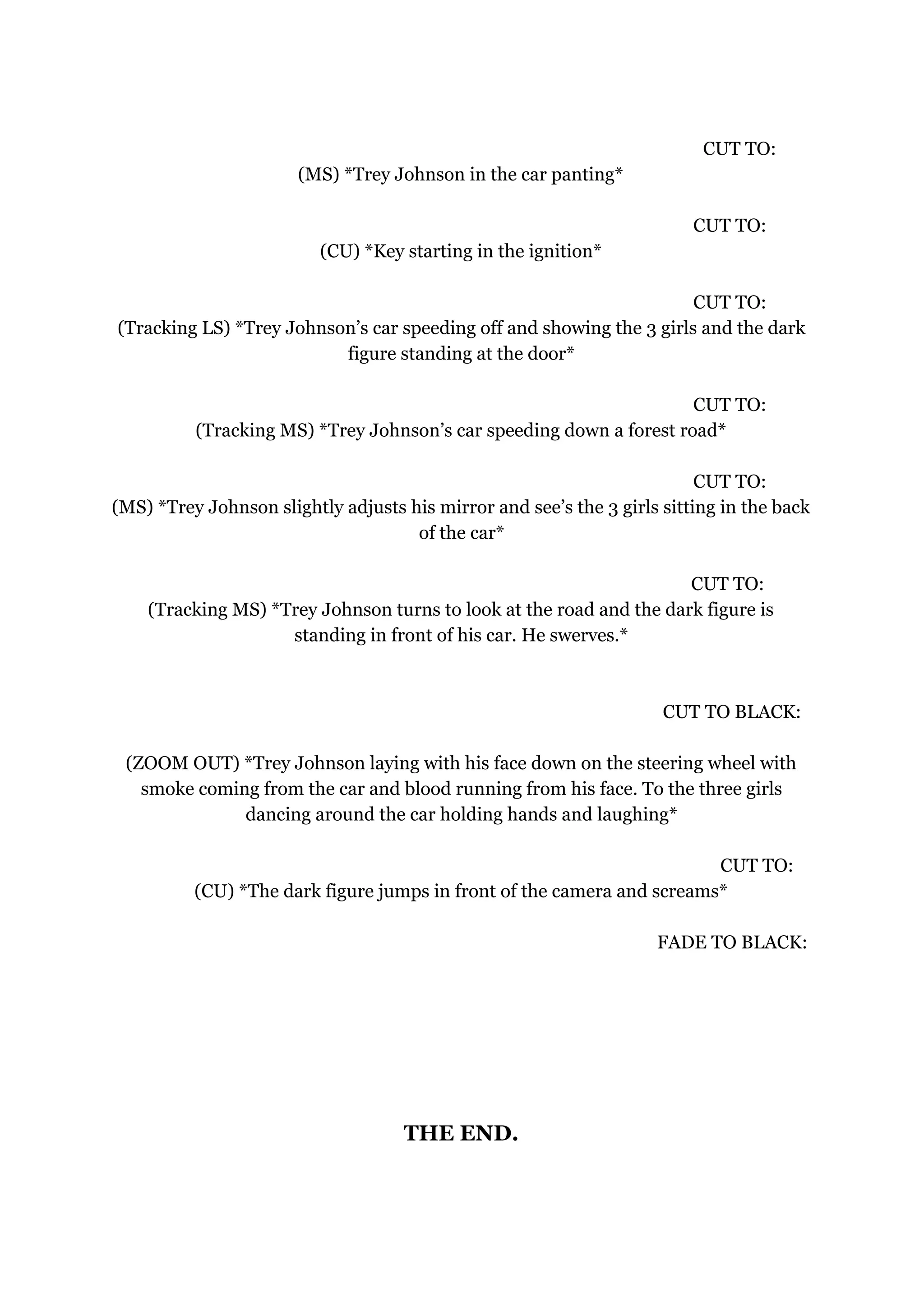 CUT TO:
(MS) *Trey Johnson in the car panting*
CUT TO:
(CU) *Key starting in the ignition*
CUT TO:
(Tracking LS) *Trey Johnson’s car speeding off and showing the 3 girls and the dark
figure standing at the door*
CUT TO:
(Tracking MS) *Trey Johnson’s car speeding down a forest road*
CUT TO:
(MS) *Trey Johnson slightly adjusts his mirror and see’s the 3 girls sitting in the back
of the car*
CUT TO:
(Tracking MS) *Trey Johnson turns to look at the road and the dark figure is
standing in front of his car. He swerves.*
CUT TO BLACK:
(ZOOM OUT) *Trey Johnson laying with his face down on the steering wheel with
smoke coming from the car and blood running from his face. To the three girls
dancing around the car holding hands and laughing*
CUT TO:
(CU) *The dark figure jumps in front of the camera and screams*
FADE TO BLACK:
THE END.
 