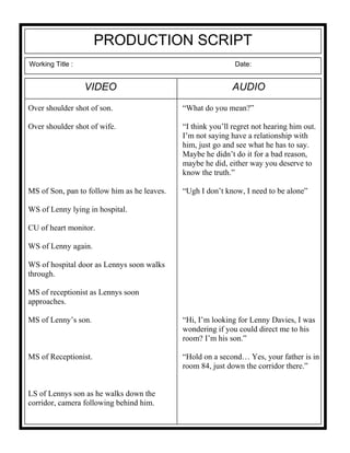 PRODUCTION SCRIPT
Working Title : Date:
AUDIOVIDEO
Over shoulder shot of son.
Over shoulder shot of wife.
MS of Son, pan to follow him as he leaves.
WS of Lenny lying in hospital.
CU of heart monitor.
WS of Lenny again.
WS of hospital door as Lennys soon walks
through.
MS of receptionist as Lennys soon
approaches.
MS of Lenny’s son.
MS of Receptionist.
LS of Lennys son as he walks down the
corridor, camera following behind him.
“What do you mean?”
“I think you’ll regret not hearing him out.
I’m not saying have a relationship with
him, just go and see what he has to say.
Maybe he didn’t do it for a bad reason,
maybe he did, either way you deserve to
know the truth.”
“Ugh I don’t know, I need to be alone”
“Hi, I’m looking for Lenny Davies, I was
wondering if you could direct me to his
room? I’m his son.”
“Hold on a second… Yes, your father is in
room 84, just down the corridor there.”
 
