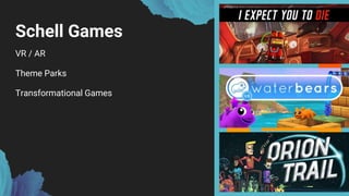Schell Games
VR / AR
Theme Parks
Transformational Games
 
