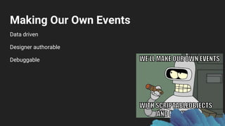 Making Our Own Events
Data driven
Designer authorable
Debuggable
 