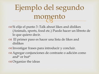 
 Si elijo el punto 3 :Talk about likes and dislikes
(Animals, sports, food etc.) Puedo hacer un libreto de
lo que quiero decir.
 El primer paso es hacer una lista de likes and
dislikes
 Investigar frases para introducir y concluir.
 Agregar conjunciones de contraste o adición como
and* or but*
 Organize the ideas
Ejemplo del segundo
momento
 