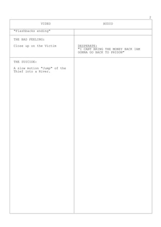 VIDEO AUDIO
2
"Flashbacks ending"
THE BAD FEELING:
Close up on the Victim DESPERATE:
"I CANT BRING THE MONEY BACK IAM
GONNA GO BACK TO PRISON"
THE SUICIDE:
A slow motion "Jump" of the
Thief into a River.
 
