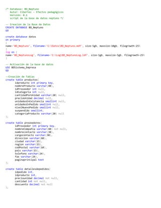 /* Database: BD_Neptuno
Autor: Cibertec - Efectos pedagógicos
Versión: 0.1
script de la base de datos neptuno */
-- Creacion de la Base de Datos
CREATE DATABASE BD_Neptuno
GO
create database datos
on primary
(
name='BD_Neptuno', filename='C:DatosBD_Neptuno.mdf', size=5gb, maxsize=10gb, filegrowth=25%
)
log on (
name='BD_NeptunoLog', filename='C:LogBD_NeptunoLog.ldf', size=1gb, maxsize=5gb, filegrowth=25%
)
-- Activación de la base de datos
USE BDSistema_Empresa
GO
--Creación de Tablas
create table productos(
idproducto int primary key,
nombreProducto varchar(40),
idProveedor int null,
idCategoria int null,
cantidadPorUnidad varchar(20) null,
precioUnidad decimal null,
unidadesEnExistencia smallint null,
unidadesEnPedido smallint null,
nivelNuevoPedido smallint null,
suspendido smallint,
categoriaProducto varchar(20) null
);
create table proveedores(
idProveedor int primary key,
nombreCompañia varchar(40) not null,
nombrecontacto varchar(30),
cargocontacto varchar(30),
direccion varchar(60),
ciudad varchar(15),
region varchar(15),
codPostal varchar(10),
pais varchar(15),
telefono varchar(24),
fax varchar(24),
paginaprincipal text
);
create table detallesdepedidos(
idpedido int,
idproducto int,
preciounidad decimal not null,
cantidad int not null,
descuento decimal not null
);
 