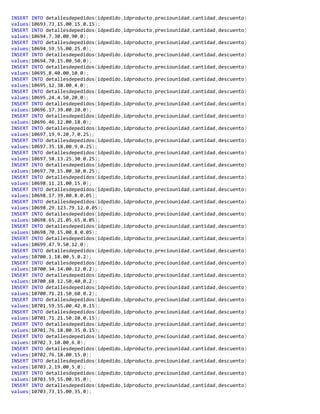 INSERT INTO detallesdepedidos(idpedido,idproducto,preciounidad,cantidad,descuento)
values(10693,73,15.00,15,0.15);
INSERT INTO detallesdepedidos(idpedido,idproducto,preciounidad,cantidad,descuento)
values(10694,7,30.00,90,0);
INSERT INTO detallesdepedidos(idpedido,idproducto,preciounidad,cantidad,descuento)
values(10694,59,55.00,25,0);
INSERT INTO detallesdepedidos(idpedido,idproducto,preciounidad,cantidad,descuento)
values(10694,70,15.00,50,0);
INSERT INTO detallesdepedidos(idpedido,idproducto,preciounidad,cantidad,descuento)
values(10695,8,40.00,10,0);
INSERT INTO detallesdepedidos(idpedido,idproducto,preciounidad,cantidad,descuento)
values(10695,12,38.00,4,0);
INSERT INTO detallesdepedidos(idpedido,idproducto,preciounidad,cantidad,descuento)
values(10695,24,4.50,20,0);
INSERT INTO detallesdepedidos(idpedido,idproducto,preciounidad,cantidad,descuento)
values(10696,17,39.00,20,0);
INSERT INTO detallesdepedidos(idpedido,idproducto,preciounidad,cantidad,descuento)
values(10696,46,12.00,18,0);
INSERT INTO detallesdepedidos(idpedido,idproducto,preciounidad,cantidad,descuento)
values(10697,19,9.20,7,0.25);
INSERT INTO detallesdepedidos(idpedido,idproducto,preciounidad,cantidad,descuento)
values(10697,35,18.00,9,0.25);
INSERT INTO detallesdepedidos(idpedido,idproducto,preciounidad,cantidad,descuento)
values(10697,58,13.25,30,0.25);
INSERT INTO detallesdepedidos(idpedido,idproducto,preciounidad,cantidad,descuento)
values(10697,70,15.00,30,0.25);
INSERT INTO detallesdepedidos(idpedido,idproducto,preciounidad,cantidad,descuento)
values(10698,11,21.00,15,0);
INSERT INTO detallesdepedidos(idpedido,idproducto,preciounidad,cantidad,descuento)
values(10698,17,39.00,8,0.05);
INSERT INTO detallesdepedidos(idpedido,idproducto,preciounidad,cantidad,descuento)
values(10698,29,123.79,12,0.05);
INSERT INTO detallesdepedidos(idpedido,idproducto,preciounidad,cantidad,descuento)
values(10698,65,21.05,65,0.05);
INSERT INTO detallesdepedidos(idpedido,idproducto,preciounidad,cantidad,descuento)
values(10698,70,15.00,8,0.05);
INSERT INTO detallesdepedidos(idpedido,idproducto,preciounidad,cantidad,descuento)
values(10699,47,9.50,12,0);
INSERT INTO detallesdepedidos(idpedido,idproducto,preciounidad,cantidad,descuento)
values(10700,1,18.00,5,0.2);
INSERT INTO detallesdepedidos(idpedido,idproducto,preciounidad,cantidad,descuento)
values(10700,34,14.00,12,0.2);
INSERT INTO detallesdepedidos(idpedido,idproducto,preciounidad,cantidad,descuento)
values(10700,68,12.50,40,0.2);
INSERT INTO detallesdepedidos(idpedido,idproducto,preciounidad,cantidad,descuento)
values(10700,71,21.50,60,0.2);
INSERT INTO detallesdepedidos(idpedido,idproducto,preciounidad,cantidad,descuento)
values(10701,59,55.00,42,0.15);
INSERT INTO detallesdepedidos(idpedido,idproducto,preciounidad,cantidad,descuento)
values(10701,71,21.50,20,0.15);
INSERT INTO detallesdepedidos(idpedido,idproducto,preciounidad,cantidad,descuento)
values(10701,76,18.00,35,0.15);
INSERT INTO detallesdepedidos(idpedido,idproducto,preciounidad,cantidad,descuento)
values(10702,3,10.00,6,0);
INSERT INTO detallesdepedidos(idpedido,idproducto,preciounidad,cantidad,descuento)
values(10702,76,18.00,15,0);
INSERT INTO detallesdepedidos(idpedido,idproducto,preciounidad,cantidad,descuento)
values(10703,2,19.00,5,0);
INSERT INTO detallesdepedidos(idpedido,idproducto,preciounidad,cantidad,descuento)
values(10703,59,55.00,35,0);
INSERT INTO detallesdepedidos(idpedido,idproducto,preciounidad,cantidad,descuento)
values(10703,73,15.00,35,0);
 