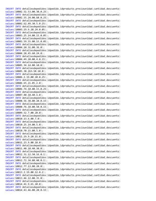 INSERT INTO detallesdepedidos(idpedido,idproducto,preciounidad,cantidad,descuento)
values(10802,51,53.00,30,0.25);
INSERT INTO detallesdepedidos(idpedido,idproducto,preciounidad,cantidad,descuento)
values(10802,55,24.00,60,0.25);
INSERT INTO detallesdepedidos(idpedido,idproducto,preciounidad,cantidad,descuento)
values(10802,62,49.30,5,0.25);
INSERT INTO detallesdepedidos(idpedido,idproducto,preciounidad,cantidad,descuento)
values(10803,19,9.20,24,0.05);
INSERT INTO detallesdepedidos(idpedido,idproducto,preciounidad,cantidad,descuento)
values(10803,25,14.00,15,0.05);
INSERT INTO detallesdepedidos(idpedido,idproducto,preciounidad,cantidad,descuento)
values(10803,59,55.00,15,0.05);
INSERT INTO detallesdepedidos(idpedido,idproducto,preciounidad,cantidad,descuento)
values(10804,10,31.00,36,0);
INSERT INTO detallesdepedidos(idpedido,idproducto,preciounidad,cantidad,descuento)
values(10804,28,45.60,24,0);
INSERT INTO detallesdepedidos(idpedido,idproducto,preciounidad,cantidad,descuento)
values(10804,49,20.00,4,0.15);
INSERT INTO detallesdepedidos(idpedido,idproducto,preciounidad,cantidad,descuento)
values(10805,34,14.00,10,0);
INSERT INTO detallesdepedidos(idpedido,idproducto,preciounidad,cantidad,descuento)
values(10805,38,263.50,10,0);
INSERT INTO detallesdepedidos(idpedido,idproducto,preciounidad,cantidad,descuento)
values(10806,2,19.00,20,0.25);
INSERT INTO detallesdepedidos(idpedido,idproducto,preciounidad,cantidad,descuento)
values(10806,65,21.05,2,0);
INSERT INTO detallesdepedidos(idpedido,idproducto,preciounidad,cantidad,descuento)
values(10806,74,10.00,15,0.25);
INSERT INTO detallesdepedidos(idpedido,idproducto,preciounidad,cantidad,descuento)
values(10807,40,18.40,1,0);
INSERT INTO detallesdepedidos(idpedido,idproducto,preciounidad,cantidad,descuento)
values(10808,56,38.00,20,0.15);
INSERT INTO detallesdepedidos(idpedido,idproducto,preciounidad,cantidad,descuento)
values(10808,76,18.00,50,0.15);
INSERT INTO detallesdepedidos(idpedido,idproducto,preciounidad,cantidad,descuento)
values(10809,52,7.00,20,0);
INSERT INTO detallesdepedidos(idpedido,idproducto,preciounidad,cantidad,descuento)
values(10810,13,6.00,7,0);
INSERT INTO detallesdepedidos(idpedido,idproducto,preciounidad,cantidad,descuento)
values(10810,25,14.00,5,0);
INSERT INTO detallesdepedidos(idpedido,idproducto,preciounidad,cantidad,descuento)
values(10810,70,15.00,5,0);
INSERT INTO detallesdepedidos(idpedido,idproducto,preciounidad,cantidad,descuento)
values(10811,19,9.20,15,0);
INSERT INTO detallesdepedidos(idpedido,idproducto,preciounidad,cantidad,descuento)
values(10811,23,9.00,18,0);
INSERT INTO detallesdepedidos(idpedido,idproducto,preciounidad,cantidad,descuento)
values(10811,40,18.40,30,0);
INSERT INTO detallesdepedidos(idpedido,idproducto,preciounidad,cantidad,descuento)
values(10812,31,12.50,16,0.1);
INSERT INTO detallesdepedidos(idpedido,idproducto,preciounidad,cantidad,descuento)
values(10812,72,34.80,40,0.1);
INSERT INTO detallesdepedidos(idpedido,idproducto,preciounidad,cantidad,descuento)
values(10812,77,13.00,20,0);
INSERT INTO detallesdepedidos(idpedido,idproducto,preciounidad,cantidad,descuento)
values(10813,2,19.00,12,0.2);
INSERT INTO detallesdepedidos(idpedido,idproducto,preciounidad,cantidad,descuento)
values(10813,46,12.00,35,0);
INSERT INTO detallesdepedidos(idpedido,idproducto,preciounidad,cantidad,descuento)
values(10814,41,9.65,20,0);
INSERT INTO detallesdepedidos(idpedido,idproducto,preciounidad,cantidad,descuento)
values(10814,43,46.00,20,0.15);
 