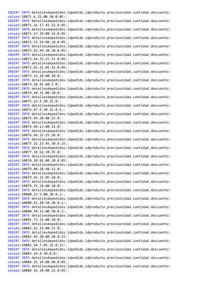 INSERT INTO detallesdepedidos(idpedido,idproducto,preciounidad,cantidad,descuento)
values(10871,6,25.00,50,0.05);
INSERT INTO detallesdepedidos(idpedido,idproducto,preciounidad,cantidad,descuento)
values(10871,16,17.45,12,0.05);
INSERT INTO detallesdepedidos(idpedido,idproducto,preciounidad,cantidad,descuento)
values(10871,17,39.00,16,0.05);
INSERT INTO detallesdepedidos(idpedido,idproducto,preciounidad,cantidad,descuento)
values(10872,55,24.00,10,0.05);
INSERT INTO detallesdepedidos(idpedido,idproducto,preciounidad,cantidad,descuento)
values(10872,62,49.30,20,0.05);
INSERT INTO detallesdepedidos(idpedido,idproducto,preciounidad,cantidad,descuento)
values(10872,64,33.25,15,0.05);
INSERT INTO detallesdepedidos(idpedido,idproducto,preciounidad,cantidad,descuento)
values(10872,65,21.05,21,0.05);
INSERT INTO detallesdepedidos(idpedido,idproducto,preciounidad,cantidad,descuento)
values(10873,21,10.00,20,0);
INSERT INTO detallesdepedidos(idpedido,idproducto,preciounidad,cantidad,descuento)
values(10873,28,45.60,3,0);
INSERT INTO detallesdepedidos(idpedido,idproducto,preciounidad,cantidad,descuento)
values(10874,10,31.00,10,0);
INSERT INTO detallesdepedidos(idpedido,idproducto,preciounidad,cantidad,descuento)
values(10875,19,9.20,25,0);
INSERT INTO detallesdepedidos(idpedido,idproducto,preciounidad,cantidad,descuento)
values(10875,47,9.50,21,0.1);
INSERT INTO detallesdepedidos(idpedido,idproducto,preciounidad,cantidad,descuento)
values(10875,49,20.00,15,0);
INSERT INTO detallesdepedidos(idpedido,idproducto,preciounidad,cantidad,descuento)
values(10876,46,12.00,21,0);
INSERT INTO detallesdepedidos(idpedido,idproducto,preciounidad,cantidad,descuento)
values(10876,64,33.25,20,0);
INSERT INTO detallesdepedidos(idpedido,idproducto,preciounidad,cantidad,descuento)
values(10877,16,17.45,30,0.25);
INSERT INTO detallesdepedidos(idpedido,idproducto,preciounidad,cantidad,descuento)
values(10877,18,62.50,25,0);
INSERT INTO detallesdepedidos(idpedido,idproducto,preciounidad,cantidad,descuento)
values(10878,20,81.00,20,0.05);
INSERT INTO detallesdepedidos(idpedido,idproducto,preciounidad,cantidad,descuento)
values(10879,40,18.40,12,0);
INSERT INTO detallesdepedidos(idpedido,idproducto,preciounidad,cantidad,descuento)
values(10879,65,21.05,10,0);
INSERT INTO detallesdepedidos(idpedido,idproducto,preciounidad,cantidad,descuento)
values(10879,76,18.00,10,0);
INSERT INTO detallesdepedidos(idpedido,idproducto,preciounidad,cantidad,descuento)
values(10880,23,9.00,30,0.2);
INSERT INTO detallesdepedidos(idpedido,idproducto,preciounidad,cantidad,descuento)
values(10880,61,28.50,30,0.2);
INSERT INTO detallesdepedidos(idpedido,idproducto,preciounidad,cantidad,descuento)
values(10880,70,15.00,50,0.2);
INSERT INTO detallesdepedidos(idpedido,idproducto,preciounidad,cantidad,descuento)
values(10881,73,15.00,10,0);
INSERT INTO detallesdepedidos(idpedido,idproducto,preciounidad,cantidad,descuento)
values(10882,42,14.00,25,0);
INSERT INTO detallesdepedidos(idpedido,idproducto,preciounidad,cantidad,descuento)
values(10882,49,20.00,20,0.15);
INSERT INTO detallesdepedidos(idpedido,idproducto,preciounidad,cantidad,descuento)
values(10882,54,7.45,32,0.15);
INSERT INTO detallesdepedidos(idpedido,idproducto,preciounidad,cantidad,descuento)
values(10883,24,4.50,8,0);
INSERT INTO detallesdepedidos(idpedido,idproducto,preciounidad,cantidad,descuento)
values(10884,21,10.00,40,0.05);
INSERT INTO detallesdepedidos(idpedido,idproducto,preciounidad,cantidad,descuento)
values(10884,56,38.00,21,0.05);
 