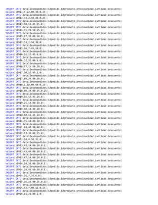 INSERT INTO detallesdepedidos(idpedido,idproducto,preciounidad,cantidad,descuento)
values(10913,4,22.00,30,0.25);
INSERT INTO detallesdepedidos(idpedido,idproducto,preciounidad,cantidad,descuento)
values(10913,33,2.50,40,0.25);
INSERT INTO detallesdepedidos(idpedido,idproducto,preciounidad,cantidad,descuento)
values(10913,58,13.25,15,0);
INSERT INTO detallesdepedidos(idpedido,idproducto,preciounidad,cantidad,descuento)
values(10914,71,21.50,25,0);
INSERT INTO detallesdepedidos(idpedido,idproducto,preciounidad,cantidad,descuento)
values(10915,17,39.00,10,0);
INSERT INTO detallesdepedidos(idpedido,idproducto,preciounidad,cantidad,descuento)
values(10915,33,2.50,30,0);
INSERT INTO detallesdepedidos(idpedido,idproducto,preciounidad,cantidad,descuento)
values(10915,54,7.45,10,0);
INSERT INTO detallesdepedidos(idpedido,idproducto,preciounidad,cantidad,descuento)
values(10916,16,17.45,6,0);
INSERT INTO detallesdepedidos(idpedido,idproducto,preciounidad,cantidad,descuento)
values(10916,32,32.00,6,0);
INSERT INTO detallesdepedidos(idpedido,idproducto,preciounidad,cantidad,descuento)
values(10916,57,19.50,20,0);
INSERT INTO detallesdepedidos(idpedido,idproducto,preciounidad,cantidad,descuento)
values(10917,30,25.89,1,0);
INSERT INTO detallesdepedidos(idpedido,idproducto,preciounidad,cantidad,descuento)
values(10917,60,34.00,10,0);
INSERT INTO detallesdepedidos(idpedido,idproducto,preciounidad,cantidad,descuento)
values(10918,1,18.00,60,0.25);
INSERT INTO detallesdepedidos(idpedido,idproducto,preciounidad,cantidad,descuento)
values(10918,60,34.00,25,0.25);
INSERT INTO detallesdepedidos(idpedido,idproducto,preciounidad,cantidad,descuento)
values(10919,16,17.45,24,0);
INSERT INTO detallesdepedidos(idpedido,idproducto,preciounidad,cantidad,descuento)
values(10919,25,14.00,24,0);
INSERT INTO detallesdepedidos(idpedido,idproducto,preciounidad,cantidad,descuento)
values(10919,40,18.40,20,0);
INSERT INTO detallesdepedidos(idpedido,idproducto,preciounidad,cantidad,descuento)
values(10920,50,16.25,24,0);
INSERT INTO detallesdepedidos(idpedido,idproducto,preciounidad,cantidad,descuento)
values(10921,35,18.00,10,0);
INSERT INTO detallesdepedidos(idpedido,idproducto,preciounidad,cantidad,descuento)
values(10921,63,43.90,40,0);
INSERT INTO detallesdepedidos(idpedido,idproducto,preciounidad,cantidad,descuento)
values(10922,17,39.00,15,0);
INSERT INTO detallesdepedidos(idpedido,idproducto,preciounidad,cantidad,descuento)
values(10922,24,4.50,35,0);
INSERT INTO detallesdepedidos(idpedido,idproducto,preciounidad,cantidad,descuento)
values(10923,42,14.00,10,0.2);
INSERT INTO detallesdepedidos(idpedido,idproducto,preciounidad,cantidad,descuento)
values(10923,43,46.00,10,0.2);
INSERT INTO detallesdepedidos(idpedido,idproducto,preciounidad,cantidad,descuento)
values(10923,67,14.00,24,0.2);
INSERT INTO detallesdepedidos(idpedido,idproducto,preciounidad,cantidad,descuento)
values(10924,10,31.00,20,0.1);
INSERT INTO detallesdepedidos(idpedido,idproducto,preciounidad,cantidad,descuento)
values(10924,28,45.60,30,0.1);
INSERT INTO detallesdepedidos(idpedido,idproducto,preciounidad,cantidad,descuento)
values(10924,75,7.75,6,0);
INSERT INTO detallesdepedidos(idpedido,idproducto,preciounidad,cantidad,descuento)
values(10925,36,19.00,25,0.15);
INSERT INTO detallesdepedidos(idpedido,idproducto,preciounidad,cantidad,descuento)
values(10925,52,7.00,12,0.15);
INSERT INTO detallesdepedidos(idpedido,idproducto,preciounidad,cantidad,descuento)
values(10926,11,21.00,2,0);
 