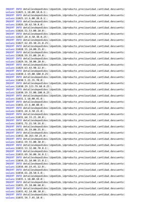 INSERT INTO detallesdepedidos(idpedido,idproducto,preciounidad,cantidad,descuento)
values(11025,1,18.00,10,0.1);
INSERT INTO detallesdepedidos(idpedido,idproducto,preciounidad,cantidad,descuento)
values(11025,13,6.00,20,0.1);
INSERT INTO detallesdepedidos(idpedido,idproducto,preciounidad,cantidad,descuento)
values(11026,18,62.50,8,0);
INSERT INTO detallesdepedidos(idpedido,idproducto,preciounidad,cantidad,descuento)
values(11026,51,53.00,10,0);
INSERT INTO detallesdepedidos(idpedido,idproducto,preciounidad,cantidad,descuento)
values(11027,24,4.50,30,0.25);
INSERT INTO detallesdepedidos(idpedido,idproducto,preciounidad,cantidad,descuento)
values(11027,62,49.30,21,0.25);
INSERT INTO detallesdepedidos(idpedido,idproducto,preciounidad,cantidad,descuento)
values(11028,55,24.00,35,0);
INSERT INTO detallesdepedidos(idpedido,idproducto,preciounidad,cantidad,descuento)
values(11028,59,55.00,24,0);
INSERT INTO detallesdepedidos(idpedido,idproducto,preciounidad,cantidad,descuento)
values(11029,56,38.00,20,0);
INSERT INTO detallesdepedidos(idpedido,idproducto,preciounidad,cantidad,descuento)
values(11029,63,43.90,12,0);
INSERT INTO detallesdepedidos(idpedido,idproducto,preciounidad,cantidad,descuento)
values(11030,2,19.00,100,0.25);
INSERT INTO detallesdepedidos(idpedido,idproducto,preciounidad,cantidad,descuento)
values(11030,5,21.35,70,0);
INSERT INTO detallesdepedidos(idpedido,idproducto,preciounidad,cantidad,descuento)
values(11030,29,123.79,60,0.25);
INSERT INTO detallesdepedidos(idpedido,idproducto,preciounidad,cantidad,descuento)
values(11030,59,55.00,100,0.25);
INSERT INTO detallesdepedidos(idpedido,idproducto,preciounidad,cantidad,descuento)
values(11031,1,18.00,45,0);
INSERT INTO detallesdepedidos(idpedido,idproducto,preciounidad,cantidad,descuento)
values(11031,13,6.00,80,0);
INSERT INTO detallesdepedidos(idpedido,idproducto,preciounidad,cantidad,descuento)
values(11031,24,4.50,21,0);
INSERT INTO detallesdepedidos(idpedido,idproducto,preciounidad,cantidad,descuento)
values(11031,64,33.25,20,0);
INSERT INTO detallesdepedidos(idpedido,idproducto,preciounidad,cantidad,descuento)
values(11031,71,21.50,16,0);
INSERT INTO detallesdepedidos(idpedido,idproducto,preciounidad,cantidad,descuento)
values(11032,36,19.00,35,0);
INSERT INTO detallesdepedidos(idpedido,idproducto,preciounidad,cantidad,descuento)
values(11032,38,263.50,25,0);
INSERT INTO detallesdepedidos(idpedido,idproducto,preciounidad,cantidad,descuento)
values(11032,59,55.00,30,0);
INSERT INTO detallesdepedidos(idpedido,idproducto,preciounidad,cantidad,descuento)
values(11033,53,32.80,70,0.1);
INSERT INTO detallesdepedidos(idpedido,idproducto,preciounidad,cantidad,descuento)
values(11033,69,36.00,36,0.1);
INSERT INTO detallesdepedidos(idpedido,idproducto,preciounidad,cantidad,descuento)
values(11034,21,10.00,15,0.1);
INSERT INTO detallesdepedidos(idpedido,idproducto,preciounidad,cantidad,descuento)
values(11034,44,19.45,12,0);
INSERT INTO detallesdepedidos(idpedido,idproducto,preciounidad,cantidad,descuento)
values(11034,61,28.50,6,0);
INSERT INTO detallesdepedidos(idpedido,idproducto,preciounidad,cantidad,descuento)
values(11035,1,18.00,10,0);
INSERT INTO detallesdepedidos(idpedido,idproducto,preciounidad,cantidad,descuento)
values(11035,35,18.00,60,0);
INSERT INTO detallesdepedidos(idpedido,idproducto,preciounidad,cantidad,descuento)
values(11035,42,14.00,30,0);
INSERT INTO detallesdepedidos(idpedido,idproducto,preciounidad,cantidad,descuento)
values(11035,54,7.45,10,0);
 
