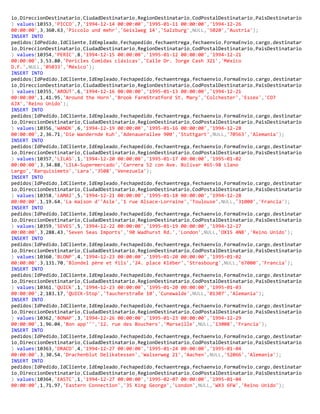 io,DireccionDestinatario,CiudadDestinatario,RegionDestinatario,CodPostalDestinatario,PaisDestinatario
) values(10353,'PICCO',7,'1994-12-14 00:00:00','1995-01-11 00:00:00','1994-12-26
00:00:00',3,360.63,'Piccolo und mehr','Geislweg 14','Salzburg',NULL,'5020','Austria');
INSERT INTO
pedidos(IdPedido,IdCliente,IdEmpleado,Fechapedido,fechaentrega,fechaenvio,FormaEnvio,cargo,destinatar
io,DireccionDestinatario,CiudadDestinatario,RegionDestinatario,CodPostalDestinatario,PaisDestinatario
) values(10354,'PERIC',8,'1994-12-15 00:00:00','1995-01-12 00:00:00','1994-12-21
00:00:00',3,53.80,'Pericles Comidas clásicas','Calle Dr. Jorge Cash 321','México
D.F.',NULL,'05033','México');
INSERT INTO
pedidos(IdPedido,IdCliente,IdEmpleado,Fechapedido,fechaentrega,fechaenvio,FormaEnvio,cargo,destinatar
io,DireccionDestinatario,CiudadDestinatario,RegionDestinatario,CodPostalDestinatario,PaisDestinatario
) values(10355,'AROUT',6,'1994-12-16 00:00:00','1995-01-13 00:00:00','1994-12-21
00:00:00',1,41.95,'Around the Horn','Brook FarmStratford St. Mary','Colchester','Essex','CO7
6JX','Reino Unido');
INSERT INTO
pedidos(IdPedido,IdCliente,IdEmpleado,Fechapedido,fechaentrega,fechaenvio,FormaEnvio,cargo,destinatar
io,DireccionDestinatario,CiudadDestinatario,RegionDestinatario,CodPostalDestinatario,PaisDestinatario
) values(10356,'WANDK',6,'1994-12-19 00:00:00','1995-01-16 00:00:00','1994-12-28
00:00:00',2,36.71,'Die Wandernde Kuh','Adenauerallee 900','Stuttgart',NULL,'70563','Alemania');
INSERT INTO
pedidos(IdPedido,IdCliente,IdEmpleado,Fechapedido,fechaentrega,fechaenvio,FormaEnvio,cargo,destinatar
io,DireccionDestinatario,CiudadDestinatario,RegionDestinatario,CodPostalDestinatario,PaisDestinatario
) values(10357,'LILAS',1,'1994-12-20 00:00:00','1995-01-17 00:00:00','1995-01-02
00:00:00',3,34.88,'LILA-Supermercado','Carrera 52 con Ave. Bolívar #65-98 Llano
Largo','Barquisimeto','Lara','3508','Venezuela');
INSERT INTO
pedidos(IdPedido,IdCliente,IdEmpleado,Fechapedido,fechaentrega,fechaenvio,FormaEnvio,cargo,destinatar
io,DireccionDestinatario,CiudadDestinatario,RegionDestinatario,CodPostalDestinatario,PaisDestinatario
) values(10358,'LAMAI',5,'1994-12-21 00:00:00','1995-01-18 00:00:00','1994-12-28
00:00:00',1,19.64,'La maison d''Asie','1 rue Alsace-Lorraine','Toulouse',NULL,'31000','Francia');
INSERT INTO
pedidos(IdPedido,IdCliente,IdEmpleado,Fechapedido,fechaentrega,fechaenvio,FormaEnvio,cargo,destinatar
io,DireccionDestinatario,CiudadDestinatario,RegionDestinatario,CodPostalDestinatario,PaisDestinatario
) values(10359,'SEVES',5,'1994-12-22 00:00:00','1995-01-19 00:00:00','1994-12-27
00:00:00',3,288.43,'Seven Seas Imports','90 Wadhurst Rd.','London',NULL,'OX15 4NB','Reino Unido');
INSERT INTO
pedidos(IdPedido,IdCliente,IdEmpleado,Fechapedido,fechaentrega,fechaenvio,FormaEnvio,cargo,destinatar
io,DireccionDestinatario,CiudadDestinatario,RegionDestinatario,CodPostalDestinatario,PaisDestinatario
) values(10360,'BLONP',4,'1994-12-23 00:00:00','1995-01-20 00:00:00','1995-01-02
00:00:00',3,131.70,'Blondel père et fils','24. place Kléber','Strasbourg',NULL,'67000','Francia');
INSERT INTO
pedidos(IdPedido,IdCliente,IdEmpleado,Fechapedido,fechaentrega,fechaenvio,FormaEnvio,cargo,destinatar
io,DireccionDestinatario,CiudadDestinatario,RegionDestinatario,CodPostalDestinatario,PaisDestinatario
) values(10361,'QUICK',1,'1994-12-23 00:00:00','1995-01-20 00:00:00','1995-01-03
00:00:00',2,183.17,'QUICK-Stop','Taucherstraße 10','Cunewalde',NULL,'01307','Alemania');
INSERT INTO
pedidos(IdPedido,IdCliente,IdEmpleado,Fechapedido,fechaentrega,fechaenvio,FormaEnvio,cargo,destinatar
io,DireccionDestinatario,CiudadDestinatario,RegionDestinatario,CodPostalDestinatario,PaisDestinatario
) values(10362,'BONAP',3,'1994-12-26 00:00:00','1995-01-23 00:00:00','1994-12-29
00:00:00',1,96.04,'Bon app''','12. rue des Bouchers','Marseille',NULL,'13008','Francia');
INSERT INTO
pedidos(IdPedido,IdCliente,IdEmpleado,Fechapedido,fechaentrega,fechaenvio,FormaEnvio,cargo,destinatar
io,DireccionDestinatario,CiudadDestinatario,RegionDestinatario,CodPostalDestinatario,PaisDestinatario
) values(10363,'DRACD',4,'1994-12-27 00:00:00','1995-01-24 00:00:00','1995-01-04
00:00:00',3,30.54,'Drachenblut Delikatessen','Walserweg 21','Aachen',NULL,'52066','Alemania');
INSERT INTO
pedidos(IdPedido,IdCliente,IdEmpleado,Fechapedido,fechaentrega,fechaenvio,FormaEnvio,cargo,destinatar
io,DireccionDestinatario,CiudadDestinatario,RegionDestinatario,CodPostalDestinatario,PaisDestinatario
) values(10364,'EASTC',1,'1994-12-27 00:00:00','1995-02-07 00:00:00','1995-01-04
00:00:00',1,71.97,'Eastern Connection','35 King George','London',NULL,'WX3 6FW','Reino Unido');
 