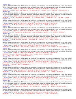 INSERT INTO
pedidos(IdPedido,IdCliente,IdEmpleado,Fechapedido,fechaentrega,fechaenvio,FormaEnvio,cargo,destinatar
io,DireccionDestinatario,CiudadDestinatario,RegionDestinatario,CodPostalDestinatario,PaisDestinatario
) values(10388,'SEVES',2,'1995-01-19 00:00:00','1995-02-16 00:00:00','1995-01-20
00:00:00',1,34.86,'Seven Seas Imports','90 Wadhurst Rd.','London',NULL,'OX15 4NB','Reino Unido');
INSERT INTO
pedidos(IdPedido,IdCliente,IdEmpleado,Fechapedido,fechaentrega,fechaenvio,FormaEnvio,cargo,destinatar
io,DireccionDestinatario,CiudadDestinatario,RegionDestinatario,CodPostalDestinatario,PaisDestinatario
) values(10389,'BOTTM',4,'1995-01-20 00:00:00','1995-02-17 00:00:00','1995-01-24
00:00:00',2,47.42,'Bottom-Dollar Markets','23 Tsawassen Blvd.','Tsawassen','BC','T2F 8M4','Canadá');
INSERT INTO
pedidos(IdPedido,IdCliente,IdEmpleado,Fechapedido,fechaentrega,fechaenvio,FormaEnvio,cargo,destinatar
io,DireccionDestinatario,CiudadDestinatario,RegionDestinatario,CodPostalDestinatario,PaisDestinatario
) values(10390,'ERNSH',6,'1995-01-23 00:00:00','1995-02-20 00:00:00','1995-01-26
00:00:00',1,126.38,'Ernst Handel','Kirchgasse 6','Graz',NULL,'8010','Austria');
INSERT INTO
pedidos(IdPedido,IdCliente,IdEmpleado,Fechapedido,fechaentrega,fechaenvio,FormaEnvio,cargo,destinatar
io,DireccionDestinatario,CiudadDestinatario,RegionDestinatario,CodPostalDestinatario,PaisDestinatario
) values(10391,'DRACD',3,'1995-01-23 00:00:00','1995-02-20 00:00:00','1995-01-31
00:00:00',3,5.45,'Drachenblut Delikatessen','Walserweg 21','Aachen',NULL,'52066','Alemania');
INSERT INTO
pedidos(IdPedido,IdCliente,IdEmpleado,Fechapedido,fechaentrega,fechaenvio,FormaEnvio,cargo,destinatar
io,DireccionDestinatario,CiudadDestinatario,RegionDestinatario,CodPostalDestinatario,PaisDestinatario
) values(10392,'PICCO',2,'1995-01-24 00:00:00','1995-02-21 00:00:00','1995-02-01
00:00:00',3,122.46,'Piccolo und mehr','Geislweg 14','Salzburg',NULL,'5020','Austria');
INSERT INTO
pedidos(IdPedido,IdCliente,IdEmpleado,Fechapedido,fechaentrega,fechaenvio,FormaEnvio,cargo,destinatar
io,DireccionDestinatario,CiudadDestinatario,RegionDestinatario,CodPostalDestinatario,PaisDestinatario
) values(10393,'SAVEA',1,'1995-01-25 00:00:00','1995-02-22 00:00:00','1995-02-03
00:00:00',3,126.56,'Save-a-lot Markets','187 Suffolk Ln.','Boise','ID','83720','Estados Unidos');
INSERT INTO
pedidos(IdPedido,IdCliente,IdEmpleado,Fechapedido,fechaentrega,fechaenvio,FormaEnvio,cargo,destinatar
io,DireccionDestinatario,CiudadDestinatario,RegionDestinatario,CodPostalDestinatario,PaisDestinatario
) values(10394,'HUNGC',1,'1995-01-25 00:00:00','1995-02-22 00:00:00','1995-02-03
00:00:00',3,30.34,'Hungry Coyote Import Store','City Center Plaza516 Main
St.','Elgin','OR','97827','Estados Unidos');
INSERT INTO
pedidos(IdPedido,IdCliente,IdEmpleado,Fechapedido,fechaentrega,fechaenvio,FormaEnvio,cargo,destinatar
io,DireccionDestinatario,CiudadDestinatario,RegionDestinatario,CodPostalDestinatario,PaisDestinatario
) values(10395,'HILAA',6,'1995-01-26 00:00:00','1995-02-23 00:00:00','1995-02-03
00:00:00',1,184.41,'HILARIÓN-Abastos','Carrera 22 con Ave. Carlos Soublette #8-35','San
Cristóbal','Táchira','5022','Venezuela');
INSERT INTO
pedidos(IdPedido,IdCliente,IdEmpleado,Fechapedido,fechaentrega,fechaenvio,FormaEnvio,cargo,destinatar
io,DireccionDestinatario,CiudadDestinatario,RegionDestinatario,CodPostalDestinatario,PaisDestinatario
) values(10396,'FRANK',1,'1995-01-27 00:00:00','1995-02-10 00:00:00','1995-02-06
00:00:00',3,135.35,'Frankenversand','Berliner Platz 43','München',NULL,'80805','Alemania');
INSERT INTO
pedidos(IdPedido,IdCliente,IdEmpleado,Fechapedido,fechaentrega,fechaenvio,FormaEnvio,cargo,destinatar
io,DireccionDestinatario,CiudadDestinatario,RegionDestinatario,CodPostalDestinatario,PaisDestinatario
) values(10397,'PRINI',5,'1995-01-27 00:00:00','1995-02-24 00:00:00','1995-02-02
00:00:00',1,60.26,'Princesa Isabel Vinhos','Estrada da saúde n. 58','Lisboa',NULL,'1756','Portugal');
INSERT INTO
pedidos(IdPedido,IdCliente,IdEmpleado,Fechapedido,fechaentrega,fechaenvio,FormaEnvio,cargo,destinatar
io,DireccionDestinatario,CiudadDestinatario,RegionDestinatario,CodPostalDestinatario,PaisDestinatario
) values(10398,'SAVEA',2,'1995-01-30 00:00:00','1995-02-27 00:00:00','1995-02-09
00:00:00',3,89.16,'Save-a-lot Markets','187 Suffolk Ln.','Boise','ID','83720','Estados Unidos');
INSERT INTO
pedidos(IdPedido,IdCliente,IdEmpleado,Fechapedido,fechaentrega,fechaenvio,FormaEnvio,cargo,destinatar
io,DireccionDestinatario,CiudadDestinatario,RegionDestinatario,CodPostalDestinatario,PaisDestinatario
) values(10399,'VAFFE',8,'1995-01-31 00:00:00','1995-02-14 00:00:00','1995-02-08
00:00:00',3,27.36,'Vaffeljernet','Smagsløget 45','Århus',NULL,'8200','Dinamarca');
 