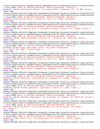 io,DireccionDestinatario,CiudadDestinatario,RegionDestinatario,CodPostalDestinatario,PaisDestinatario
) values(10411,'BOTTM',9,'1995-02-10 00:00:00','1995-03-10 00:00:00','1995-02-21
00:00:00',3,23.65,'Bottom-Dollar Markets','23 Tsawassen Blvd.','Tsawassen','BC','T2F 8M4','Canadá');
INSERT INTO
pedidos(IdPedido,IdCliente,IdEmpleado,Fechapedido,fechaentrega,fechaenvio,FormaEnvio,cargo,destinatar
io,DireccionDestinatario,CiudadDestinatario,RegionDestinatario,CodPostalDestinatario,PaisDestinatario
) values(10412,'WARTH',8,'1995-02-13 00:00:00','1995-03-13 00:00:00','1995-02-15
00:00:00',2,3.77,'Wartian Herkku','Torikatu 38','Oulu',NULL,'90110','Finlandia');
INSERT INTO
pedidos(IdPedido,IdCliente,IdEmpleado,Fechapedido,fechaentrega,fechaenvio,FormaEnvio,cargo,destinatar
io,DireccionDestinatario,CiudadDestinatario,RegionDestinatario,CodPostalDestinatario,PaisDestinatario
) values(10413,'LAMAI',3,'1995-02-14 00:00:00','1995-03-14 00:00:00','1995-02-16
00:00:00',2,95.66,'La maison d''Asie','1 rue Alsace-Lorraine','Toulouse',NULL,'31000','Francia');
INSERT INTO
pedidos(IdPedido,IdCliente,IdEmpleado,Fechapedido,fechaentrega,fechaenvio,FormaEnvio,cargo,destinatar
io,DireccionDestinatario,CiudadDestinatario,RegionDestinatario,CodPostalDestinatario,PaisDestinatario
) values(10414,'FAMIA',2,'1995-02-14 00:00:00','1995-03-14 00:00:00','1995-02-17
00:00:00',3,21.48,'Familia Arquibaldo','Rua Orós. 92','São Paulo','SP','05442-030','Brasil');
INSERT INTO
pedidos(IdPedido,IdCliente,IdEmpleado,Fechapedido,fechaentrega,fechaenvio,FormaEnvio,cargo,destinatar
io,DireccionDestinatario,CiudadDestinatario,RegionDestinatario,CodPostalDestinatario,PaisDestinatario
) values(10415,'HUNGC',3,'1995-02-15 00:00:00','1995-03-15 00:00:00','1995-02-24
00:00:00',1,0.20,'Hungry Coyote Import Store','City Center Plaza516 Main
St.','Elgin','OR','97827','Estados Unidos');
INSERT INTO
pedidos(IdPedido,IdCliente,IdEmpleado,Fechapedido,fechaentrega,fechaenvio,FormaEnvio,cargo,destinatar
io,DireccionDestinatario,CiudadDestinatario,RegionDestinatario,CodPostalDestinatario,PaisDestinatario
) values(10416,'WARTH',8,'1995-02-16 00:00:00','1995-03-16 00:00:00','1995-02-27
00:00:00',3,22.72,'Wartian Herkku','Torikatu 38','Oulu',NULL,'90110','Finlandia');
INSERT INTO
pedidos(IdPedido,IdCliente,IdEmpleado,Fechapedido,fechaentrega,fechaenvio,FormaEnvio,cargo,destinatar
io,DireccionDestinatario,CiudadDestinatario,RegionDestinatario,CodPostalDestinatario,PaisDestinatario
) values(10417,'SIMOB',4,'1995-02-16 00:00:00','1995-03-16 00:00:00','1995-02-28
00:00:00',3,70.29,'Simons bistro','Vinbæltet 34','København',NULL,'1734','Dinamarca');
INSERT INTO
pedidos(IdPedido,IdCliente,IdEmpleado,Fechapedido,fechaentrega,fechaenvio,FormaEnvio,cargo,destinatar
io,DireccionDestinatario,CiudadDestinatario,RegionDestinatario,CodPostalDestinatario,PaisDestinatario
) values(10418,'QUICK',4,'1995-02-17 00:00:00','1995-03-17 00:00:00','1995-02-24
00:00:00',1,17.55,'QUICK-Stop','Taucherstraße 10','Cunewalde',NULL,'01307','Alemania');
INSERT INTO
pedidos(IdPedido,IdCliente,IdEmpleado,Fechapedido,fechaentrega,fechaenvio,FormaEnvio,cargo,destinatar
io,DireccionDestinatario,CiudadDestinatario,RegionDestinatario,CodPostalDestinatario,PaisDestinatario
) values(10419,'RICSU',4,'1995-02-20 00:00:00','1995-03-20 00:00:00','1995-03-02
00:00:00',2,137.35,'Richter Supermarkt','Starenweg 5','Genève',NULL,'1204','Suiza');
INSERT INTO
pedidos(IdPedido,IdCliente,IdEmpleado,Fechapedido,fechaentrega,fechaenvio,FormaEnvio,cargo,destinatar
io,DireccionDestinatario,CiudadDestinatario,RegionDestinatario,CodPostalDestinatario,PaisDestinatario
) values(10420,'WELLI',3,'1995-02-21 00:00:00','1995-03-21 00:00:00','1995-02-27
00:00:00',1,44.12,'Wellington Importadora','Rua do Mercado. 12','Resende','SP','08737-363','Brasil');
INSERT INTO
pedidos(IdPedido,IdCliente,IdEmpleado,Fechapedido,fechaentrega,fechaenvio,FormaEnvio,cargo,destinatar
io,DireccionDestinatario,CiudadDestinatario,RegionDestinatario,CodPostalDestinatario,PaisDestinatario
) values(10421,'QUEDE',8,'1995-02-21 00:00:00','1995-04-04 00:00:00','1995-02-27
00:00:00',1,99.23,'Que Delícia','Rua da Panificadora. 12','Río de Janeiro','RJ','02389-
673','Brasil');
INSERT INTO
pedidos(IdPedido,IdCliente,IdEmpleado,Fechapedido,fechaentrega,fechaenvio,FormaEnvio,cargo,destinatar
io,DireccionDestinatario,CiudadDestinatario,RegionDestinatario,CodPostalDestinatario,PaisDestinatario
) values(10422,'FRANS',2,'1995-02-22 00:00:00','1995-03-22 00:00:00','1995-03-03
00:00:00',1,3.02,'Franchi S.p.A.','Via Monte Bianco 34','Torino',NULL,'10100','Italia');
INSERT INTO
pedidos(IdPedido,IdCliente,IdEmpleado,Fechapedido,fechaentrega,fechaenvio,FormaEnvio,cargo,destinatar
 