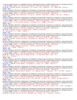 io,DireccionDestinatario,CiudadDestinatario,RegionDestinatario,CodPostalDestinatario,PaisDestinatario
) values(10423,'GOURL',6,'1995-02-23 00:00:00','1995-03-09 00:00:00','1995-03-27
00:00:00',3,24.50,'Gourmet Lanchonetes','Av. Brasil. 442','Campinas','SP','04876-786','Brasil');
INSERT INTO
pedidos(IdPedido,IdCliente,IdEmpleado,Fechapedido,fechaentrega,fechaenvio,FormaEnvio,cargo,destinatar
io,DireccionDestinatario,CiudadDestinatario,RegionDestinatario,CodPostalDestinatario,PaisDestinatario
) values(10424,'MEREP',7,'1995-02-23 00:00:00','1995-03-23 00:00:00','1995-02-27
00:00:00',2,370.61,'Mère Paillarde','43 rue St. Laurent','Montréal','Québec','H1J 1C3','Canadá');
INSERT INTO
pedidos(IdPedido,IdCliente,IdEmpleado,Fechapedido,fechaentrega,fechaenvio,FormaEnvio,cargo,destinatar
io,DireccionDestinatario,CiudadDestinatario,RegionDestinatario,CodPostalDestinatario,PaisDestinatario
) values(10425,'LAMAI',6,'1995-02-24 00:00:00','1995-03-24 00:00:00','1995-03-17 00:00:00',2,7.93,'La
maison d''Asie','1 rue Alsace-Lorraine','Toulouse',NULL,'31000','Francia');
INSERT INTO
pedidos(IdPedido,IdCliente,IdEmpleado,Fechapedido,fechaentrega,fechaenvio,FormaEnvio,cargo,destinatar
io,DireccionDestinatario,CiudadDestinatario,RegionDestinatario,CodPostalDestinatario,PaisDestinatario
) values(10426,'GALED',4,'1995-02-27 00:00:00','1995-03-27 00:00:00','1995-03-09
00:00:00',1,18.69,'Galería del gastronómo','Rambla de Cataluña.
23','Barcelona',NULL,'8022','España');
INSERT INTO
pedidos(IdPedido,IdCliente,IdEmpleado,Fechapedido,fechaentrega,fechaenvio,FormaEnvio,cargo,destinatar
io,DireccionDestinatario,CiudadDestinatario,RegionDestinatario,CodPostalDestinatario,PaisDestinatario
) values(10427,'PICCO',4,'1995-02-27 00:00:00','1995-03-27 00:00:00','1995-04-03
00:00:00',2,31.29,'Piccolo und mehr','Geislweg 14','Salzburg',NULL,'5020','Austria');
INSERT INTO
pedidos(IdPedido,IdCliente,IdEmpleado,Fechapedido,fechaentrega,fechaenvio,FormaEnvio,cargo,destinatar
io,DireccionDestinatario,CiudadDestinatario,RegionDestinatario,CodPostalDestinatario,PaisDestinatario
) values(10428,'REGGC',7,'1995-02-28 00:00:00','1995-03-28 00:00:00','1995-03-07
00:00:00',1,11.09,'Reggiani Caseifici','Strada Provinciale 124','Reggio
Emilia',NULL,'42100','Italia');
INSERT INTO
pedidos(IdPedido,IdCliente,IdEmpleado,Fechapedido,fechaentrega,fechaenvio,FormaEnvio,cargo,destinatar
io,DireccionDestinatario,CiudadDestinatario,RegionDestinatario,CodPostalDestinatario,PaisDestinatario
) values(10429,'HUNGO',3,'1995-03-01 00:00:00','1995-04-12 00:00:00','1995-03-10
00:00:00',2,56.63,'Hungry Owl All-Night Grocers','8 Johnstown Road','Cork','Co.
Cork',NULL,'Irlanda');
INSERT INTO
pedidos(IdPedido,IdCliente,IdEmpleado,Fechapedido,fechaentrega,fechaenvio,FormaEnvio,cargo,destinatar
io,DireccionDestinatario,CiudadDestinatario,RegionDestinatario,CodPostalDestinatario,PaisDestinatario
) values(10430,'ERNSH',4,'1995-03-02 00:00:00','1995-03-16 00:00:00','1995-03-06
00:00:00',1,458.78,'Ernst Handel','Kirchgasse 6','Graz',NULL,'8010','Austria');
INSERT INTO
pedidos(IdPedido,IdCliente,IdEmpleado,Fechapedido,fechaentrega,fechaenvio,FormaEnvio,cargo,destinatar
io,DireccionDestinatario,CiudadDestinatario,RegionDestinatario,CodPostalDestinatario,PaisDestinatario
) values(10431,'BOTTM',4,'1995-03-02 00:00:00','1995-03-16 00:00:00','1995-03-10
00:00:00',2,44.17,'Bottom-Dollar Markets','23 Tsawassen Blvd.','Tsawassen','BC','T2F 8M4','Canadá');
INSERT INTO
pedidos(IdPedido,IdCliente,IdEmpleado,Fechapedido,fechaentrega,fechaenvio,FormaEnvio,cargo,destinatar
io,DireccionDestinatario,CiudadDestinatario,RegionDestinatario,CodPostalDestinatario,PaisDestinatario
) values(10432,'SPLIR',3,'1995-03-03 00:00:00','1995-03-17 00:00:00','1995-03-10
00:00:00',2,4.34,'Split Rail Beer & Ale','P.O. Box 555','Lander','WY','82520','Estados Unidos');
INSERT INTO
pedidos(IdPedido,IdCliente,IdEmpleado,Fechapedido,fechaentrega,fechaenvio,FormaEnvio,cargo,destinatar
io,DireccionDestinatario,CiudadDestinatario,RegionDestinatario,CodPostalDestinatario,PaisDestinatario
) values(10433,'PRINI',3,'1995-03-06 00:00:00','1995-04-03 00:00:00','1995-04-04
00:00:00',3,73.83,'Princesa Isabel Vinhos','Estrada da saúde n. 58','Lisboa',NULL,'1756','Portugal');
INSERT INTO
pedidos(IdPedido,IdCliente,IdEmpleado,Fechapedido,fechaentrega,fechaenvio,FormaEnvio,cargo,destinatar
io,DireccionDestinatario,CiudadDestinatario,RegionDestinatario,CodPostalDestinatario,PaisDestinatario
) values(10434,'FOLKO',3,'1995-03-06 00:00:00','1995-04-03 00:00:00','1995-03-16
00:00:00',2,17.92,'Folk och fä HB','Åkergatan 24','Bräcke',NULL,'S-844 67','Suecia');
 