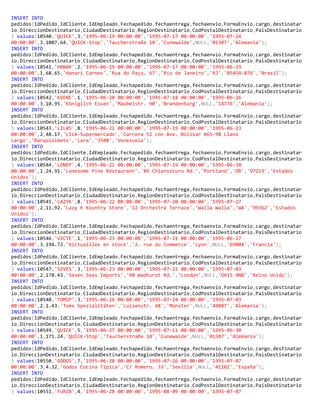 INSERT INTO
pedidos(IdPedido,IdCliente,IdEmpleado,Fechapedido,fechaentrega,fechaenvio,FormaEnvio,cargo,destinatar
io,DireccionDestinatario,CiudadDestinatario,RegionDestinatario,CodPostalDestinatario,PaisDestinatario
) values(10540,'QUICK',3,'1995-06-19 00:00:00','1995-07-17 00:00:00','1995-07-14
00:00:00',3,1007.64,'QUICK-Stop','Taucherstraße 10','Cunewalde',NULL,'01307','Alemania');
INSERT INTO
pedidos(IdPedido,IdCliente,IdEmpleado,Fechapedido,fechaentrega,fechaenvio,FormaEnvio,cargo,destinatar
io,DireccionDestinatario,CiudadDestinatario,RegionDestinatario,CodPostalDestinatario,PaisDestinatario
) values(10541,'HANAR',2,'1995-06-19 00:00:00','1995-07-17 00:00:00','1995-06-29
00:00:00',1,68.65,'Hanari Carnes','Rua do Paço. 67','Río de Janeiro','RJ','05454-876','Brasil');
INSERT INTO
pedidos(IdPedido,IdCliente,IdEmpleado,Fechapedido,fechaentrega,fechaenvio,FormaEnvio,cargo,destinatar
io,DireccionDestinatario,CiudadDestinatario,RegionDestinatario,CodPostalDestinatario,PaisDestinatario
) values(10542,'KOENE',1,'1995-06-20 00:00:00','1995-07-18 00:00:00','1995-06-26
00:00:00',3,10.95,'Königlich Essen','Maubelstr. 90','Brandenburg',NULL,'14776','Alemania');
INSERT INTO
pedidos(IdPedido,IdCliente,IdEmpleado,Fechapedido,fechaentrega,fechaenvio,FormaEnvio,cargo,destinatar
io,DireccionDestinatario,CiudadDestinatario,RegionDestinatario,CodPostalDestinatario,PaisDestinatario
) values(10543,'LILAS',8,'1995-06-21 00:00:00','1995-07-19 00:00:00','1995-06-23
00:00:00',2,48.17,'LILA-Supermercado','Carrera 52 con Ave. Bolívar #65-98 Llano
Largo','Barquisimeto','Lara','3508','Venezuela');
INSERT INTO
pedidos(IdPedido,IdCliente,IdEmpleado,Fechapedido,fechaentrega,fechaenvio,FormaEnvio,cargo,destinatar
io,DireccionDestinatario,CiudadDestinatario,RegionDestinatario,CodPostalDestinatario,PaisDestinatario
) values(10544,'LONEP',4,'1995-06-21 00:00:00','1995-07-19 00:00:00','1995-06-30
00:00:00',1,24.91,'Lonesome Pine Restaurant','89 Chiaroscuro Rd.','Portland','OR','97219','Estados
Unidos');
INSERT INTO
pedidos(IdPedido,IdCliente,IdEmpleado,Fechapedido,fechaentrega,fechaenvio,FormaEnvio,cargo,destinatar
io,DireccionDestinatario,CiudadDestinatario,RegionDestinatario,CodPostalDestinatario,PaisDestinatario
) values(10545,'LAZYK',8,'1995-06-22 00:00:00','1995-07-20 00:00:00','1995-07-27
00:00:00',2,11.92,'Lazy K Kountry Store','12 Orchestra Terrace','Walla Walla','WA','99362','Estados
Unidos');
INSERT INTO
pedidos(IdPedido,IdCliente,IdEmpleado,Fechapedido,fechaentrega,fechaenvio,FormaEnvio,cargo,destinatar
io,DireccionDestinatario,CiudadDestinatario,RegionDestinatario,CodPostalDestinatario,PaisDestinatario
) values(10546,'VICTE',1,'1995-06-23 00:00:00','1995-07-21 00:00:00','1995-06-27
00:00:00',3,194.72,'Victuailles en stock','2. rue du Commerce','Lyon',NULL,'69004','Francia');
INSERT INTO
pedidos(IdPedido,IdCliente,IdEmpleado,Fechapedido,fechaentrega,fechaenvio,FormaEnvio,cargo,destinatar
io,DireccionDestinatario,CiudadDestinatario,RegionDestinatario,CodPostalDestinatario,PaisDestinatario
) values(10547,'SEVES',3,'1995-06-23 00:00:00','1995-07-21 00:00:00','1995-07-03
00:00:00',2,178.43,'Seven Seas Imports','90 Wadhurst Rd.','London',NULL,'OX15 4NB','Reino Unido');
INSERT INTO
pedidos(IdPedido,IdCliente,IdEmpleado,Fechapedido,fechaentrega,fechaenvio,FormaEnvio,cargo,destinatar
io,DireccionDestinatario,CiudadDestinatario,RegionDestinatario,CodPostalDestinatario,PaisDestinatario
) values(10548,'TOMSP',3,'1995-06-26 00:00:00','1995-07-24 00:00:00','1995-07-03
00:00:00',2,1.43,'Toms Spezialitäten','Luisenstr. 48','Münster',NULL,'44087','Alemania');
INSERT INTO
pedidos(IdPedido,IdCliente,IdEmpleado,Fechapedido,fechaentrega,fechaenvio,FormaEnvio,cargo,destinatar
io,DireccionDestinatario,CiudadDestinatario,RegionDestinatario,CodPostalDestinatario,PaisDestinatario
) values(10549,'QUICK',5,'1995-06-27 00:00:00','1995-07-11 00:00:00','1995-06-30
00:00:00',1,171.24,'QUICK-Stop','Taucherstraße 10','Cunewalde',NULL,'01307','Alemania');
INSERT INTO
pedidos(IdPedido,IdCliente,IdEmpleado,Fechapedido,fechaentrega,fechaenvio,FormaEnvio,cargo,destinatar
io,DireccionDestinatario,CiudadDestinatario,RegionDestinatario,CodPostalDestinatario,PaisDestinatario
) values(10550,'GODOS',7,'1995-06-28 00:00:00','1995-07-26 00:00:00','1995-07-07
00:00:00',3,4.32,'Godos Cocina Típica','C/ Romero. 33','Sevilla',NULL,'41101','España');
INSERT INTO
pedidos(IdPedido,IdCliente,IdEmpleado,Fechapedido,fechaentrega,fechaenvio,FormaEnvio,cargo,destinatar
io,DireccionDestinatario,CiudadDestinatario,RegionDestinatario,CodPostalDestinatario,PaisDestinatario
) values(10551,'FURIB',4,'1995-06-28 00:00:00','1995-08-09 00:00:00','1995-07-07
 