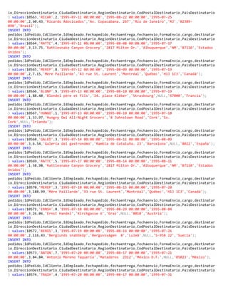 io,DireccionDestinatario,CiudadDestinatario,RegionDestinatario,CodPostalDestinatario,PaisDestinatario
) values(10563,'RICAR',2,'1995-07-11 00:00:00','1995-08-22 00:00:00','1995-07-25
00:00:00',2,60.43,'Ricardo Adocicados','Av. Copacabana. 267','Río de Janeiro','RJ','02389-
890','Brasil');
INSERT INTO
pedidos(IdPedido,IdCliente,IdEmpleado,Fechapedido,fechaentrega,fechaenvio,FormaEnvio,cargo,destinatar
io,DireccionDestinatario,CiudadDestinatario,RegionDestinatario,CodPostalDestinatario,PaisDestinatario
) values(10564,'RATTC',4,'1995-07-11 00:00:00','1995-08-08 00:00:00','1995-07-17
00:00:00',3,13.75,'Rattlesnake Canyon Grocery','2817 Milton Dr.','Albuquerque','NM','87110','Estados
Unidos');
INSERT INTO
pedidos(IdPedido,IdCliente,IdEmpleado,Fechapedido,fechaentrega,fechaenvio,FormaEnvio,cargo,destinatar
io,DireccionDestinatario,CiudadDestinatario,RegionDestinatario,CodPostalDestinatario,PaisDestinatario
) values(10565,'MEREP',8,'1995-07-12 00:00:00','1995-08-09 00:00:00','1995-07-19
00:00:00',2,7.15,'Mère Paillarde','43 rue St. Laurent','Montréal','Québec','H1J 1C3','Canadá');
INSERT INTO
pedidos(IdPedido,IdCliente,IdEmpleado,Fechapedido,fechaentrega,fechaenvio,FormaEnvio,cargo,destinatar
io,DireccionDestinatario,CiudadDestinatario,RegionDestinatario,CodPostalDestinatario,PaisDestinatario
) values(10566,'BLONP',9,'1995-07-13 00:00:00','1995-08-10 00:00:00','1995-07-19
00:00:00',1,88.40,'Blondel père et fils','24. place Kléber','Strasbourg',NULL,'67000','Francia');
INSERT INTO
pedidos(IdPedido,IdCliente,IdEmpleado,Fechapedido,fechaentrega,fechaenvio,FormaEnvio,cargo,destinatar
io,DireccionDestinatario,CiudadDestinatario,RegionDestinatario,CodPostalDestinatario,PaisDestinatario
) values(10567,'HUNGO',1,'1995-07-13 00:00:00','1995-08-10 00:00:00','1995-07-18
00:00:00',1,33.97,'Hungry Owl All-Night Grocers','8 Johnstown Road','Cork','Co.
Cork',NULL,'Irlanda');
INSERT INTO
pedidos(IdPedido,IdCliente,IdEmpleado,Fechapedido,fechaentrega,fechaenvio,FormaEnvio,cargo,destinatar
io,DireccionDestinatario,CiudadDestinatario,RegionDestinatario,CodPostalDestinatario,PaisDestinatario
) values(10568,'GALED',3,'1995-07-14 00:00:00','1995-08-11 00:00:00','1995-08-09
00:00:00',3,6.54,'Galería del gastronómo','Rambla de Cataluña. 23','Barcelona',NULL,'8022','España');
INSERT INTO
pedidos(IdPedido,IdCliente,IdEmpleado,Fechapedido,fechaentrega,fechaenvio,FormaEnvio,cargo,destinatar
io,DireccionDestinatario,CiudadDestinatario,RegionDestinatario,CodPostalDestinatario,PaisDestinatario
) values(10569,'RATTC',5,'1995-07-17 00:00:00','1995-08-14 00:00:00','1995-08-11
00:00:00',1,58.98,'Rattlesnake Canyon Grocery','2817 Milton Dr.','Albuquerque','NM','87110','Estados
Unidos');
INSERT INTO
pedidos(IdPedido,IdCliente,IdEmpleado,Fechapedido,fechaentrega,fechaenvio,FormaEnvio,cargo,destinatar
io,DireccionDestinatario,CiudadDestinatario,RegionDestinatario,CodPostalDestinatario,PaisDestinatario
) values(10570,'MEREP',3,'1995-07-18 00:00:00','1995-08-15 00:00:00','1995-07-20
00:00:00',3,188.99,'Mère Paillarde','43 rue St. Laurent','Montréal','Québec','H1J 1C3','Canadá');
INSERT INTO
pedidos(IdPedido,IdCliente,IdEmpleado,Fechapedido,fechaentrega,fechaenvio,FormaEnvio,cargo,destinatar
io,DireccionDestinatario,CiudadDestinatario,RegionDestinatario,CodPostalDestinatario,PaisDestinatario
) values(10571,'ERNSH',8,'1995-07-18 00:00:00','1995-08-29 00:00:00','1995-08-04
00:00:00',3,26.06,'Ernst Handel','Kirchgasse 6','Graz',NULL,'8010','Austria');
INSERT INTO
pedidos(IdPedido,IdCliente,IdEmpleado,Fechapedido,fechaentrega,fechaenvio,FormaEnvio,cargo,destinatar
io,DireccionDestinatario,CiudadDestinatario,RegionDestinatario,CodPostalDestinatario,PaisDestinatario
) values(10572,'BERGS',3,'1995-07-19 00:00:00','1995-08-16 00:00:00','1995-07-26
00:00:00',2,116.43,'Berglunds snabbköp','Berguvsvägen 8','Luleå',NULL,'S-958 22','Suecia');
INSERT INTO
pedidos(IdPedido,IdCliente,IdEmpleado,Fechapedido,fechaentrega,fechaenvio,FormaEnvio,cargo,destinatar
io,DireccionDestinatario,CiudadDestinatario,RegionDestinatario,CodPostalDestinatario,PaisDestinatario
) values(10573,'ANTON',7,'1995-07-20 00:00:00','1995-08-17 00:00:00','1995-07-21
00:00:00',3,84.84,'Antonio Moreno Taquería','Mataderos 2312','México D.F.',NULL,'05023','México');
INSERT INTO
pedidos(IdPedido,IdCliente,IdEmpleado,Fechapedido,fechaentrega,fechaenvio,FormaEnvio,cargo,destinatar
io,DireccionDestinatario,CiudadDestinatario,RegionDestinatario,CodPostalDestinatario,PaisDestinatario
) values(10574,'TRAIH',4,'1995-07-20 00:00:00','1995-08-17 00:00:00','1995-07-31
 