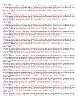 INSERT INTO
pedidos(IdPedido,IdCliente,IdEmpleado,Fechapedido,fechaentrega,fechaenvio,FormaEnvio,cargo,destinatar
io,DireccionDestinatario,CiudadDestinatario,RegionDestinatario,CodPostalDestinatario,PaisDestinatario
) values(10621,'ISLAT',4,'1995-09-05 00:00:00','1995-10-03 00:00:00','1995-09-11
00:00:00',2,23.73,'Island Trading','Garden HouseCrowther Way','Cowes','Isle of Wight','PO31
7PJ','Reino Unido');
INSERT INTO
pedidos(IdPedido,IdCliente,IdEmpleado,Fechapedido,fechaentrega,fechaenvio,FormaEnvio,cargo,destinatar
io,DireccionDestinatario,CiudadDestinatario,RegionDestinatario,CodPostalDestinatario,PaisDestinatario
) values(10622,'RICAR',4,'1995-09-06 00:00:00','1995-10-04 00:00:00','1995-09-11
00:00:00',3,50.97,'Ricardo Adocicados','Av. Copacabana. 267','Río de Janeiro','RJ','02389-
890','Brasil');
INSERT INTO
pedidos(IdPedido,IdCliente,IdEmpleado,Fechapedido,fechaentrega,fechaenvio,FormaEnvio,cargo,destinatar
io,DireccionDestinatario,CiudadDestinatario,RegionDestinatario,CodPostalDestinatario,PaisDestinatario
) values(10623,'FRANK',8,'1995-09-07 00:00:00','1995-10-05 00:00:00','1995-09-12
00:00:00',2,97.18,'Frankenversand','Berliner Platz 43','München',NULL,'80805','Alemania');
INSERT INTO
pedidos(IdPedido,IdCliente,IdEmpleado,Fechapedido,fechaentrega,fechaenvio,FormaEnvio,cargo,destinatar
io,DireccionDestinatario,CiudadDestinatario,RegionDestinatario,CodPostalDestinatario,PaisDestinatario
) values(10624,'THECR',4,'1995-09-07 00:00:00','1995-10-05 00:00:00','1995-09-19
00:00:00',2,94.80,'The Cracker Box','55 Grizzly Peak Rd.','Butte','MT','59801','Estados Unidos');
INSERT INTO
pedidos(IdPedido,IdCliente,IdEmpleado,Fechapedido,fechaentrega,fechaenvio,FormaEnvio,cargo,destinatar
io,DireccionDestinatario,CiudadDestinatario,RegionDestinatario,CodPostalDestinatario,PaisDestinatario
) values(10625,'ANATR',3,'1995-09-08 00:00:00','1995-10-06 00:00:00','1995-09-14
00:00:00',1,43.90,'Ana Trujillo Emparedados y helados','Avda. de la Constitución 2222','México
D.F.',NULL,'05021','México');
INSERT INTO
pedidos(IdPedido,IdCliente,IdEmpleado,Fechapedido,fechaentrega,fechaenvio,FormaEnvio,cargo,destinatar
io,DireccionDestinatario,CiudadDestinatario,RegionDestinatario,CodPostalDestinatario,PaisDestinatario
) values(10626,'BERGS',1,'1995-09-11 00:00:00','1995-10-09 00:00:00','1995-09-20
00:00:00',2,138.69,'Berglunds snabbköp','Berguvsvägen 8','Luleå',NULL,'S-958 22','Suecia');
INSERT INTO
pedidos(IdPedido,IdCliente,IdEmpleado,Fechapedido,fechaentrega,fechaenvio,FormaEnvio,cargo,destinatar
io,DireccionDestinatario,CiudadDestinatario,RegionDestinatario,CodPostalDestinatario,PaisDestinatario
) values(10627,'SAVEA',8,'1995-09-11 00:00:00','1995-10-23 00:00:00','1995-09-21
00:00:00',3,107.46,'Save-a-lot Markets','187 Suffolk Ln.','Boise','ID','83720','Estados Unidos');
INSERT INTO
pedidos(IdPedido,IdCliente,IdEmpleado,Fechapedido,fechaentrega,fechaenvio,FormaEnvio,cargo,destinatar
io,DireccionDestinatario,CiudadDestinatario,RegionDestinatario,CodPostalDestinatario,PaisDestinatario
) values(10628,'BLONP',4,'1995-09-12 00:00:00','1995-10-10 00:00:00','1995-09-20
00:00:00',3,30.36,'Blondel père et fils','24. place Kléber','Strasbourg',NULL,'67000','Francia');
INSERT INTO
pedidos(IdPedido,IdCliente,IdEmpleado,Fechapedido,fechaentrega,fechaenvio,FormaEnvio,cargo,destinatar
io,DireccionDestinatario,CiudadDestinatario,RegionDestinatario,CodPostalDestinatario,PaisDestinatario
) values(10629,'GODOS',4,'1995-09-12 00:00:00','1995-10-10 00:00:00','1995-09-20
00:00:00',3,85.46,'Godos Cocina Típica','C/ Romero. 33','Sevilla',NULL,'41101','España');
INSERT INTO
pedidos(IdPedido,IdCliente,IdEmpleado,Fechapedido,fechaentrega,fechaenvio,FormaEnvio,cargo,destinatar
io,DireccionDestinatario,CiudadDestinatario,RegionDestinatario,CodPostalDestinatario,PaisDestinatario
) values(10630,'KOENE',1,'1995-09-13 00:00:00','1995-10-11 00:00:00','1995-09-19
00:00:00',2,32.35,'Königlich Essen','Maubelstr. 90','Brandenburg',NULL,'14776','Alemania');
INSERT INTO
pedidos(IdPedido,IdCliente,IdEmpleado,Fechapedido,fechaentrega,fechaenvio,FormaEnvio,cargo,destinatar
io,DireccionDestinatario,CiudadDestinatario,RegionDestinatario,CodPostalDestinatario,PaisDestinatario
) values(10631,'LAMAI',8,'1995-09-14 00:00:00','1995-10-12 00:00:00','1995-09-15 00:00:00',1,0.87,'La
maison d''Asie','1 rue Alsace-Lorraine','Toulouse',NULL,'31000','Francia');
INSERT INTO
pedidos(IdPedido,IdCliente,IdEmpleado,Fechapedido,fechaentrega,fechaenvio,FormaEnvio,cargo,destinatar
io,DireccionDestinatario,CiudadDestinatario,RegionDestinatario,CodPostalDestinatario,PaisDestinatario
 