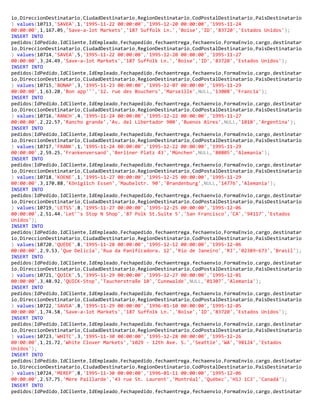 io,DireccionDestinatario,CiudadDestinatario,RegionDestinatario,CodPostalDestinatario,PaisDestinatario
) values(10713,'SAVEA',1,'1995-11-22 00:00:00','1995-12-20 00:00:00','1995-11-24
00:00:00',1,167.05,'Save-a-lot Markets','187 Suffolk Ln.','Boise','ID','83720','Estados Unidos');
INSERT INTO
pedidos(IdPedido,IdCliente,IdEmpleado,Fechapedido,fechaentrega,fechaenvio,FormaEnvio,cargo,destinatar
io,DireccionDestinatario,CiudadDestinatario,RegionDestinatario,CodPostalDestinatario,PaisDestinatario
) values(10714,'SAVEA',5,'1995-11-22 00:00:00','1995-12-20 00:00:00','1995-11-27
00:00:00',3,24.49,'Save-a-lot Markets','187 Suffolk Ln.','Boise','ID','83720','Estados Unidos');
INSERT INTO
pedidos(IdPedido,IdCliente,IdEmpleado,Fechapedido,fechaentrega,fechaenvio,FormaEnvio,cargo,destinatar
io,DireccionDestinatario,CiudadDestinatario,RegionDestinatario,CodPostalDestinatario,PaisDestinatario
) values(10715,'BONAP',3,'1995-11-23 00:00:00','1995-12-07 00:00:00','1995-11-29
00:00:00',1,63.20,'Bon app''','12. rue des Bouchers','Marseille',NULL,'13008','Francia');
INSERT INTO
pedidos(IdPedido,IdCliente,IdEmpleado,Fechapedido,fechaentrega,fechaenvio,FormaEnvio,cargo,destinatar
io,DireccionDestinatario,CiudadDestinatario,RegionDestinatario,CodPostalDestinatario,PaisDestinatario
) values(10716,'RANCH',4,'1995-11-24 00:00:00','1995-12-22 00:00:00','1995-11-27
00:00:00',2,22.57,'Rancho grande','Av. del Libertador 900','Buenos Aires',NULL,'1010','Argentina');
INSERT INTO
pedidos(IdPedido,IdCliente,IdEmpleado,Fechapedido,fechaentrega,fechaenvio,FormaEnvio,cargo,destinatar
io,DireccionDestinatario,CiudadDestinatario,RegionDestinatario,CodPostalDestinatario,PaisDestinatario
) values(10717,'FRANK',1,'1995-11-24 00:00:00','1995-12-22 00:00:00','1995-11-29
00:00:00',2,59.25,'Frankenversand','Berliner Platz 43','München',NULL,'80805','Alemania');
INSERT INTO
pedidos(IdPedido,IdCliente,IdEmpleado,Fechapedido,fechaentrega,fechaenvio,FormaEnvio,cargo,destinatar
io,DireccionDestinatario,CiudadDestinatario,RegionDestinatario,CodPostalDestinatario,PaisDestinatario
) values(10718,'KOENE',1,'1995-11-27 00:00:00','1995-12-25 00:00:00','1995-11-29
00:00:00',3,170.88,'Königlich Essen','Maubelstr. 90','Brandenburg',NULL,'14776','Alemania');
INSERT INTO
pedidos(IdPedido,IdCliente,IdEmpleado,Fechapedido,fechaentrega,fechaenvio,FormaEnvio,cargo,destinatar
io,DireccionDestinatario,CiudadDestinatario,RegionDestinatario,CodPostalDestinatario,PaisDestinatario
) values(10719,'LETSS',8,'1995-11-27 00:00:00','1995-12-25 00:00:00','1995-12-06
00:00:00',2,51.44,'Let''s Stop N Shop','87 Polk St.Suite 5','San Francisco','CA','94117','Estados
Unidos');
INSERT INTO
pedidos(IdPedido,IdCliente,IdEmpleado,Fechapedido,fechaentrega,fechaenvio,FormaEnvio,cargo,destinatar
io,DireccionDestinatario,CiudadDestinatario,RegionDestinatario,CodPostalDestinatario,PaisDestinatario
) values(10720,'QUEDE',8,'1995-11-28 00:00:00','1995-12-12 00:00:00','1995-12-06
00:00:00',2,9.53,'Que Delícia','Rua da Panificadora. 12','Río de Janeiro','RJ','02389-673','Brasil');
INSERT INTO
pedidos(IdPedido,IdCliente,IdEmpleado,Fechapedido,fechaentrega,fechaenvio,FormaEnvio,cargo,destinatar
io,DireccionDestinatario,CiudadDestinatario,RegionDestinatario,CodPostalDestinatario,PaisDestinatario
) values(10721,'QUICK',5,'1995-11-29 00:00:00','1995-12-27 00:00:00','1995-12-01
00:00:00',3,48.92,'QUICK-Stop','Taucherstraße 10','Cunewalde',NULL,'01307','Alemania');
INSERT INTO
pedidos(IdPedido,IdCliente,IdEmpleado,Fechapedido,fechaentrega,fechaenvio,FormaEnvio,cargo,destinatar
io,DireccionDestinatario,CiudadDestinatario,RegionDestinatario,CodPostalDestinatario,PaisDestinatario
) values(10722,'SAVEA',8,'1995-11-29 00:00:00','1996-01-10 00:00:00','1995-12-05
00:00:00',1,74.58,'Save-a-lot Markets','187 Suffolk Ln.','Boise','ID','83720','Estados Unidos');
INSERT INTO
pedidos(IdPedido,IdCliente,IdEmpleado,Fechapedido,fechaentrega,fechaenvio,FormaEnvio,cargo,destinatar
io,DireccionDestinatario,CiudadDestinatario,RegionDestinatario,CodPostalDestinatario,PaisDestinatario
) values(10723,'WHITC',3,'1995-11-30 00:00:00','1995-12-28 00:00:00','1995-12-26
00:00:00',1,21.72,'White Clover Markets','1029 - 12th Ave. S.','Seattle','WA','98124','Estados
Unidos');
INSERT INTO
pedidos(IdPedido,IdCliente,IdEmpleado,Fechapedido,fechaentrega,fechaenvio,FormaEnvio,cargo,destinatar
io,DireccionDestinatario,CiudadDestinatario,RegionDestinatario,CodPostalDestinatario,PaisDestinatario
) values(10724,'MEREP',8,'1995-11-30 00:00:00','1996-01-11 00:00:00','1995-12-06
00:00:00',2,57.75,'Mère Paillarde','43 rue St. Laurent','Montréal','Québec','H1J 1C3','Canadá');
INSERT INTO
pedidos(IdPedido,IdCliente,IdEmpleado,Fechapedido,fechaentrega,fechaenvio,FormaEnvio,cargo,destinatar
 