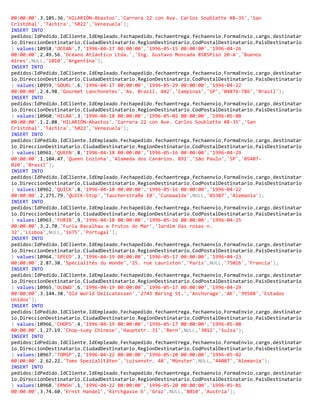 00:00:00',3,105.36,'HILARIÓN-Abastos','Carrera 22 con Ave. Carlos Soublette #8-35','San
Cristóbal','Táchira','5022','Venezuela');
INSERT INTO
pedidos(IdPedido,IdCliente,IdEmpleado,Fechapedido,fechaentrega,fechaenvio,FormaEnvio,cargo,destinatar
io,DireccionDestinatario,CiudadDestinatario,RegionDestinatario,CodPostalDestinatario,PaisDestinatario
) values(10958,'OCEAN',7,'1996-04-17 00:00:00','1996-05-15 00:00:00','1996-04-26
00:00:00',2,49.56,'Océano Atlántico Ltda.','Ing. Gustavo Moncada 8585Piso 20-A','Buenos
Aires',NULL,'1010','Argentina');
INSERT INTO
pedidos(IdPedido,IdCliente,IdEmpleado,Fechapedido,fechaentrega,fechaenvio,FormaEnvio,cargo,destinatar
io,DireccionDestinatario,CiudadDestinatario,RegionDestinatario,CodPostalDestinatario,PaisDestinatario
) values(10959,'GOURL',6,'1996-04-17 00:00:00','1996-05-29 00:00:00','1996-04-22
00:00:00',2,4.98,'Gourmet Lanchonetes','Av. Brasil. 442','Campinas','SP','04876-786','Brasil');
INSERT INTO
pedidos(IdPedido,IdCliente,IdEmpleado,Fechapedido,fechaentrega,fechaenvio,FormaEnvio,cargo,destinatar
io,DireccionDestinatario,CiudadDestinatario,RegionDestinatario,CodPostalDestinatario,PaisDestinatario
) values(10960,'HILAA',3,'1996-04-18 00:00:00','1996-05-02 00:00:00','1996-05-08
00:00:00',1,2.08,'HILARIÓN-Abastos','Carrera 22 con Ave. Carlos Soublette #8-35','San
Cristóbal','Táchira','5022','Venezuela');
INSERT INTO
pedidos(IdPedido,IdCliente,IdEmpleado,Fechapedido,fechaentrega,fechaenvio,FormaEnvio,cargo,destinatar
io,DireccionDestinatario,CiudadDestinatario,RegionDestinatario,CodPostalDestinatario,PaisDestinatario
) values(10961,'QUEEN',8,'1996-04-18 00:00:00','1996-05-16 00:00:00','1996-04-29
00:00:00',1,104.47,'Queen Cozinha','Alameda dos Canàrios. 891','São Paulo','SP','05487-
020','Brasil');
INSERT INTO
pedidos(IdPedido,IdCliente,IdEmpleado,Fechapedido,fechaentrega,fechaenvio,FormaEnvio,cargo,destinatar
io,DireccionDestinatario,CiudadDestinatario,RegionDestinatario,CodPostalDestinatario,PaisDestinatario
) values(10962,'QUICK',8,'1996-04-18 00:00:00','1996-05-16 00:00:00','1996-04-22
00:00:00',2,275.79,'QUICK-Stop','Taucherstraße 10','Cunewalde',NULL,'01307','Alemania');
INSERT INTO
pedidos(IdPedido,IdCliente,IdEmpleado,Fechapedido,fechaentrega,fechaenvio,FormaEnvio,cargo,destinatar
io,DireccionDestinatario,CiudadDestinatario,RegionDestinatario,CodPostalDestinatario,PaisDestinatario
) values(10963,'FURIB',9,'1996-04-18 00:00:00','1996-05-16 00:00:00','1996-04-25
00:00:00',3,2.70,'Furia Bacalhau e Frutos do Mar','Jardim das rosas n.
32','Lisboa',NULL,'1675','Portugal');
INSERT INTO
pedidos(IdPedido,IdCliente,IdEmpleado,Fechapedido,fechaentrega,fechaenvio,FormaEnvio,cargo,destinatar
io,DireccionDestinatario,CiudadDestinatario,RegionDestinatario,CodPostalDestinatario,PaisDestinatario
) values(10964,'SPECD',3,'1996-04-19 00:00:00','1996-05-17 00:00:00','1996-04-23
00:00:00',2,87.38,'Spécialités du monde','25. rue Lauriston','Paris',NULL,'75016','Francia');
INSERT INTO
pedidos(IdPedido,IdCliente,IdEmpleado,Fechapedido,fechaentrega,fechaenvio,FormaEnvio,cargo,destinatar
io,DireccionDestinatario,CiudadDestinatario,RegionDestinatario,CodPostalDestinatario,PaisDestinatario
) values(10965,'OLDWO',6,'1996-04-19 00:00:00','1996-05-17 00:00:00','1996-04-29
00:00:00',3,144.38,'Old World Delicatessen','2743 Bering St.','Anchorage','AK','99508','Estados
Unidos');
INSERT INTO
pedidos(IdPedido,IdCliente,IdEmpleado,Fechapedido,fechaentrega,fechaenvio,FormaEnvio,cargo,destinatar
io,DireccionDestinatario,CiudadDestinatario,RegionDestinatario,CodPostalDestinatario,PaisDestinatario
) values(10966,'CHOPS',4,'1996-04-19 00:00:00','1996-05-17 00:00:00','1996-05-08
00:00:00',1,27.19,'Chop-suey Chinese','Hauptstr. 31','Bern',NULL,'3012','Suiza');
INSERT INTO
pedidos(IdPedido,IdCliente,IdEmpleado,Fechapedido,fechaentrega,fechaenvio,FormaEnvio,cargo,destinatar
io,DireccionDestinatario,CiudadDestinatario,RegionDestinatario,CodPostalDestinatario,PaisDestinatario
) values(10967,'TOMSP',2,'1996-04-22 00:00:00','1996-05-20 00:00:00','1996-05-02
00:00:00',2,62.22,'Toms Spezialitäten','Luisenstr. 48','Münster',NULL,'44087','Alemania');
INSERT INTO
pedidos(IdPedido,IdCliente,IdEmpleado,Fechapedido,fechaentrega,fechaenvio,FormaEnvio,cargo,destinatar
io,DireccionDestinatario,CiudadDestinatario,RegionDestinatario,CodPostalDestinatario,PaisDestinatario
) values(10968,'ERNSH',1,'1996-04-22 00:00:00','1996-05-20 00:00:00','1996-05-01
00:00:00',3,74.60,'Ernst Handel','Kirchgasse 6','Graz',NULL,'8010','Austria');
 