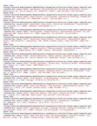 INSERT INTO
clientes(idCliente,NombreCompañia,NombreContacto,CargoContacto,Direccion,Ciudad,region,codpostal,pais
,telefono,fax) values('QUEDE','Que Delícia','Bernardo Batista','Gerente de contabilidad','Rua da
Panificadora, 12','Rio de Janeiro','RJ','02389-673','Brasil','(21) 555-4252','(21) 555-4545');
INSERT INTO
clientes(idCliente,NombreCompañia,NombreContacto,CargoContacto,Direccion,Ciudad,region,codpostal,pais
,telefono,fax) values('QUEEN','Queen Cozinha','Lúcia Carvalho','Asistente de marketing','Alameda dos
Canàrios, 891','Sao Paulo','SP','05487-020','Brasil','(11) 555-1189',NULL);
INSERT INTO
clientes(idCliente,NombreCompañia,NombreContacto,CargoContacto,Direccion,Ciudad,region,codpostal,pais
,telefono,fax) values('QUICK','QUICK-Stop','Horst Kloss','Gerente de contabilidad','Taucherstraße
10','Cunewalde',NULL,'01307','Alemania','0372-035188',NULL);
INSERT INTO
clientes(idCliente,NombreCompañia,NombreContacto,CargoContacto,Direccion,Ciudad,region,codpostal,pais
,telefono,fax) values('RANCH','Rancho grande','Sergio Gutiérrez','Representante de ventas','Av. del
Libertador 900','Buenos Aires',NULL,'1010','Argentina','(1) 123-5555','(1) 123-5556');
INSERT INTO
clientes(idCliente,NombreCompañia,NombreContacto,CargoContacto,Direccion,Ciudad,region,codpostal,pais
,telefono,fax) values('RATTC','Rattlesnake Canyon Grocery','Paula Wilson','Representante agente
ventas','2817 Milton Dr.','Albuquerque','NM','87110','Estados Unidos','(505) 555-5939','(505) 555-
3620');
INSERT INTO
clientes(idCliente,NombreCompañia,NombreContacto,CargoContacto,Direccion,Ciudad,region,codpostal,pais
,telefono,fax) values('REGGC','Reggiani Caseifici','Maurizio Moroni','Asistente de ventas','Strada
Provinciale 124','Reggio Emilia',NULL,'42100','Italia','0522-556721','0522-556722');
INSERT INTO
clientes(idCliente,NombreCompañia,NombreContacto,CargoContacto,Direccion,Ciudad,region,codpostal,pais
,telefono,fax) values('RICAR','Ricardo Adocicados','Janete Limeira','Asistente de agente de
ventas','Av. Copacabana, 267','Rio de Janeiro','RJ','02389-890','Brasil','(21) 555-3412',NULL);
INSERT INTO
clientes(idCliente,NombreCompañia,NombreContacto,CargoContacto,Direccion,Ciudad,region,codpostal,pais
,telefono,fax) values('RICSU','Richter Supermarkt','Michael Holz','Gerente de ventas','Grenzacherweg
237','Génova',NULL,'1203','Suiza','0897-034214',NULL);
INSERT INTO
clientes(idCliente,NombreCompañia,NombreContacto,CargoContacto,Direccion,Ciudad,region,codpostal,pais
,telefono,fax) values('ROMEY','Romero y tomillo','Alejandra Camino','Gerente de contabilidad','Gran
Vía, 1','Madrid',NULL,'28001','España','(91) 745 6200','(91) 745 6210');
INSERT INTO
clientes(idCliente,NombreCompañia,NombreContacto,CargoContacto,Direccion,Ciudad,region,codpostal,pais
,telefono,fax) values('SANTG','Santé Gourmet','Jonas Bergulfsen','Propietario','Erling Skakkes gate
78','Stavern',NULL,'4110','Noruega','07-98 92 35','07-98 92 47');
INSERT INTO
clientes(idCliente,NombreCompañia,NombreContacto,CargoContacto,Direccion,Ciudad,region,codpostal,pais
,telefono,fax) values('SAVEA','Save-a-lot Markets','Jose Pavarotti','Representante de ventas','187
Suffolk Ln.','Boise','ID','83720','Estados Unidos','(208) 555-8097',NULL);
INSERT INTO
clientes(idCliente,NombreCompañia,NombreContacto,CargoContacto,Direccion,Ciudad,region,codpostal,pais
,telefono,fax) values('SEVES','Seven Seas Imports','Hari Kumar','Gerente de ventas','90 Wadhurst
Rd.','Londres',NULL,'OX15 4NB','Reino Unido','(71) 555-1717','(71) 555-5646');
INSERT INTO
clientes(idCliente,NombreCompañia,NombreContacto,CargoContacto,Direccion,Ciudad,region,codpostal,pais
,telefono,fax) values('SIMOB','Simons bistro','Jytte Petersen','Propietario','Vinbæltet
34','København',NULL,'1734','Dinamarca','31 12 34 56','31 13 35 57');
INSERT INTO
clientes(idCliente,NombreCompañia,NombreContacto,CargoContacto,Direccion,Ciudad,region,codpostal,pais
,telefono,fax) values('SPECD','Spécialités du monde','Dominique Perrier','Gerente de marketing','25,
rue Lauriston','París',NULL,'75016','Francia','(1) 47.55.60.10','(1) 47.55.60.20');
INSERT INTO
clientes(idCliente,NombreCompañia,NombreContacto,CargoContacto,Direccion,Ciudad,region,codpostal,pais
,telefono,fax) values('SPLIR','Split Rail Beer & Ale','Art Braunschweiger','Gerente de ventas','P.O.
Box 555','Lander','WY','82520','Estados Unidos','(307) 555-4680','(307) 555-6525');
 