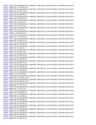 INSERT INTO detallesdepedidos(idpedido,idproducto,preciounidad,cantidad,descuento)
values(10291,44,15.50,24,0.1);
INSERT INTO detallesdepedidos(idpedido,idproducto,preciounidad,cantidad,descuento)
values(10291,51,42.40,2,0.1);
INSERT INTO detallesdepedidos(idpedido,idproducto,preciounidad,cantidad,descuento)
values(10292,20,64.80,20,0);
INSERT INTO detallesdepedidos(idpedido,idproducto,preciounidad,cantidad,descuento)
values(10293,18,50.00,12,0);
INSERT INTO detallesdepedidos(idpedido,idproducto,preciounidad,cantidad,descuento)
values(10293,24,3.60,10,0);
INSERT INTO detallesdepedidos(idpedido,idproducto,preciounidad,cantidad,descuento)
values(10293,63,35.10,5,0);
INSERT INTO detallesdepedidos(idpedido,idproducto,preciounidad,cantidad,descuento)
values(10293,75,6.20,6,0);
INSERT INTO detallesdepedidos(idpedido,idproducto,preciounidad,cantidad,descuento)
values(10294,1,14.40,18,0);
INSERT INTO detallesdepedidos(idpedido,idproducto,preciounidad,cantidad,descuento)
values(10294,17,31.20,15,0);
INSERT INTO detallesdepedidos(idpedido,idproducto,preciounidad,cantidad,descuento)
values(10294,43,36.80,15,0);
INSERT INTO detallesdepedidos(idpedido,idproducto,preciounidad,cantidad,descuento)
values(10294,60,27.20,21,0);
INSERT INTO detallesdepedidos(idpedido,idproducto,preciounidad,cantidad,descuento)
values(10294,75,6.20,6,0);
INSERT INTO detallesdepedidos(idpedido,idproducto,preciounidad,cantidad,descuento)
values(10295,56,30.40,4,0);
INSERT INTO detallesdepedidos(idpedido,idproducto,preciounidad,cantidad,descuento)
values(10296,11,16.80,12,0);
INSERT INTO detallesdepedidos(idpedido,idproducto,preciounidad,cantidad,descuento)
values(10296,16,13.90,30,0);
INSERT INTO detallesdepedidos(idpedido,idproducto,preciounidad,cantidad,descuento)
values(10296,69,28.80,15,0);
INSERT INTO detallesdepedidos(idpedido,idproducto,preciounidad,cantidad,descuento)
values(10297,39,14.40,60,0);
INSERT INTO detallesdepedidos(idpedido,idproducto,preciounidad,cantidad,descuento)
values(10297,72,27.80,20,0);
INSERT INTO detallesdepedidos(idpedido,idproducto,preciounidad,cantidad,descuento)
values(10298,2,15.20,40,0);
INSERT INTO detallesdepedidos(idpedido,idproducto,preciounidad,cantidad,descuento)
values(10298,36,15.20,40,0.25);
INSERT INTO detallesdepedidos(idpedido,idproducto,preciounidad,cantidad,descuento)
values(10298,59,44.00,30,0.25);
INSERT INTO detallesdepedidos(idpedido,idproducto,preciounidad,cantidad,descuento)
values(10298,62,39.40,15,0);
INSERT INTO detallesdepedidos(idpedido,idproducto,preciounidad,cantidad,descuento)
values(10299,19,7.30,15,0);
INSERT INTO detallesdepedidos(idpedido,idproducto,preciounidad,cantidad,descuento)
values(10299,70,12.00,20,0);
INSERT INTO detallesdepedidos(idpedido,idproducto,preciounidad,cantidad,descuento)
values(10300,66,13.60,30,0);
INSERT INTO detallesdepedidos(idpedido,idproducto,preciounidad,cantidad,descuento)
values(10300,68,10.00,20,0);
INSERT INTO detallesdepedidos(idpedido,idproducto,preciounidad,cantidad,descuento)
values(10301,40,14.70,10,0);
INSERT INTO detallesdepedidos(idpedido,idproducto,preciounidad,cantidad,descuento)
values(10301,56,30.40,20,0);
INSERT INTO detallesdepedidos(idpedido,idproducto,preciounidad,cantidad,descuento)
values(10302,17,31.20,40,0);
INSERT INTO detallesdepedidos(idpedido,idproducto,preciounidad,cantidad,descuento)
values(10302,28,36.40,28,0);
INSERT INTO detallesdepedidos(idpedido,idproducto,preciounidad,cantidad,descuento)
values(10302,43,36.80,12,0);
 