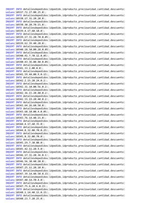 INSERT INTO detallesdepedidos(idpedido,idproducto,preciounidad,cantidad,descuento)
values(10337,72,27.80,25,0);
INSERT INTO detallesdepedidos(idpedido,idproducto,preciounidad,cantidad,descuento)
values(10338,17,31.20,20,0);
INSERT INTO detallesdepedidos(idpedido,idproducto,preciounidad,cantidad,descuento)
values(10338,30,20.70,15,0);
INSERT INTO detallesdepedidos(idpedido,idproducto,preciounidad,cantidad,descuento)
values(10339,4,17.60,10,0);
INSERT INTO detallesdepedidos(idpedido,idproducto,preciounidad,cantidad,descuento)
values(10339,17,31.20,70,0.05);
INSERT INTO detallesdepedidos(idpedido,idproducto,preciounidad,cantidad,descuento)
values(10339,62,39.40,28,0);
INSERT INTO detallesdepedidos(idpedido,idproducto,preciounidad,cantidad,descuento)
values(10340,18,50.00,20,0.05);
INSERT INTO detallesdepedidos(idpedido,idproducto,preciounidad,cantidad,descuento)
values(10340,41,7.70,12,0.05);
INSERT INTO detallesdepedidos(idpedido,idproducto,preciounidad,cantidad,descuento)
values(10340,43,36.80,40,0.05);
INSERT INTO detallesdepedidos(idpedido,idproducto,preciounidad,cantidad,descuento)
values(10341,33,2.00,8,0);
INSERT INTO detallesdepedidos(idpedido,idproducto,preciounidad,cantidad,descuento)
values(10341,59,44.00,9,0.15);
INSERT INTO detallesdepedidos(idpedido,idproducto,preciounidad,cantidad,descuento)
values(10342,2,15.20,24,0.2);
INSERT INTO detallesdepedidos(idpedido,idproducto,preciounidad,cantidad,descuento)
values(10342,31,10.00,56,0.2);
INSERT INTO detallesdepedidos(idpedido,idproducto,preciounidad,cantidad,descuento)
values(10342,36,15.20,40,0.2);
INSERT INTO detallesdepedidos(idpedido,idproducto,preciounidad,cantidad,descuento)
values(10342,55,19.20,40,0.2);
INSERT INTO detallesdepedidos(idpedido,idproducto,preciounidad,cantidad,descuento)
values(10343,64,26.60,50,0);
INSERT INTO detallesdepedidos(idpedido,idproducto,preciounidad,cantidad,descuento)
values(10343,68,10.00,4,0.05);
INSERT INTO detallesdepedidos(idpedido,idproducto,preciounidad,cantidad,descuento)
values(10343,76,14.40,15,0);
INSERT INTO detallesdepedidos(idpedido,idproducto,preciounidad,cantidad,descuento)
values(10344,4,17.60,35,0);
INSERT INTO detallesdepedidos(idpedido,idproducto,preciounidad,cantidad,descuento)
values(10344,8,32.00,70,0.25);
INSERT INTO detallesdepedidos(idpedido,idproducto,preciounidad,cantidad,descuento)
values(10345,8,32.00,70,0);
INSERT INTO detallesdepedidos(idpedido,idproducto,preciounidad,cantidad,descuento)
values(10345,19,7.30,80,0);
INSERT INTO detallesdepedidos(idpedido,idproducto,preciounidad,cantidad,descuento)
values(10345,42,11.20,9,0);
INSERT INTO detallesdepedidos(idpedido,idproducto,preciounidad,cantidad,descuento)
values(10346,17,31.20,36,0.1);
INSERT INTO detallesdepedidos(idpedido,idproducto,preciounidad,cantidad,descuento)
values(10346,56,30.40,20,0);
INSERT INTO detallesdepedidos(idpedido,idproducto,preciounidad,cantidad,descuento)
values(10347,25,11.20,10,0);
INSERT INTO detallesdepedidos(idpedido,idproducto,preciounidad,cantidad,descuento)
values(10347,39,14.40,50,0.15);
INSERT INTO detallesdepedidos(idpedido,idproducto,preciounidad,cantidad,descuento)
values(10347,40,14.70,4,0);
INSERT INTO detallesdepedidos(idpedido,idproducto,preciounidad,cantidad,descuento)
values(10347,75,6.20,6,0.15);
INSERT INTO detallesdepedidos(idpedido,idproducto,preciounidad,cantidad,descuento)
values(10348,1,14.40,15,0.15);
INSERT INTO detallesdepedidos(idpedido,idproducto,preciounidad,cantidad,descuento)
values(10348,23,7.20,25,0);
 