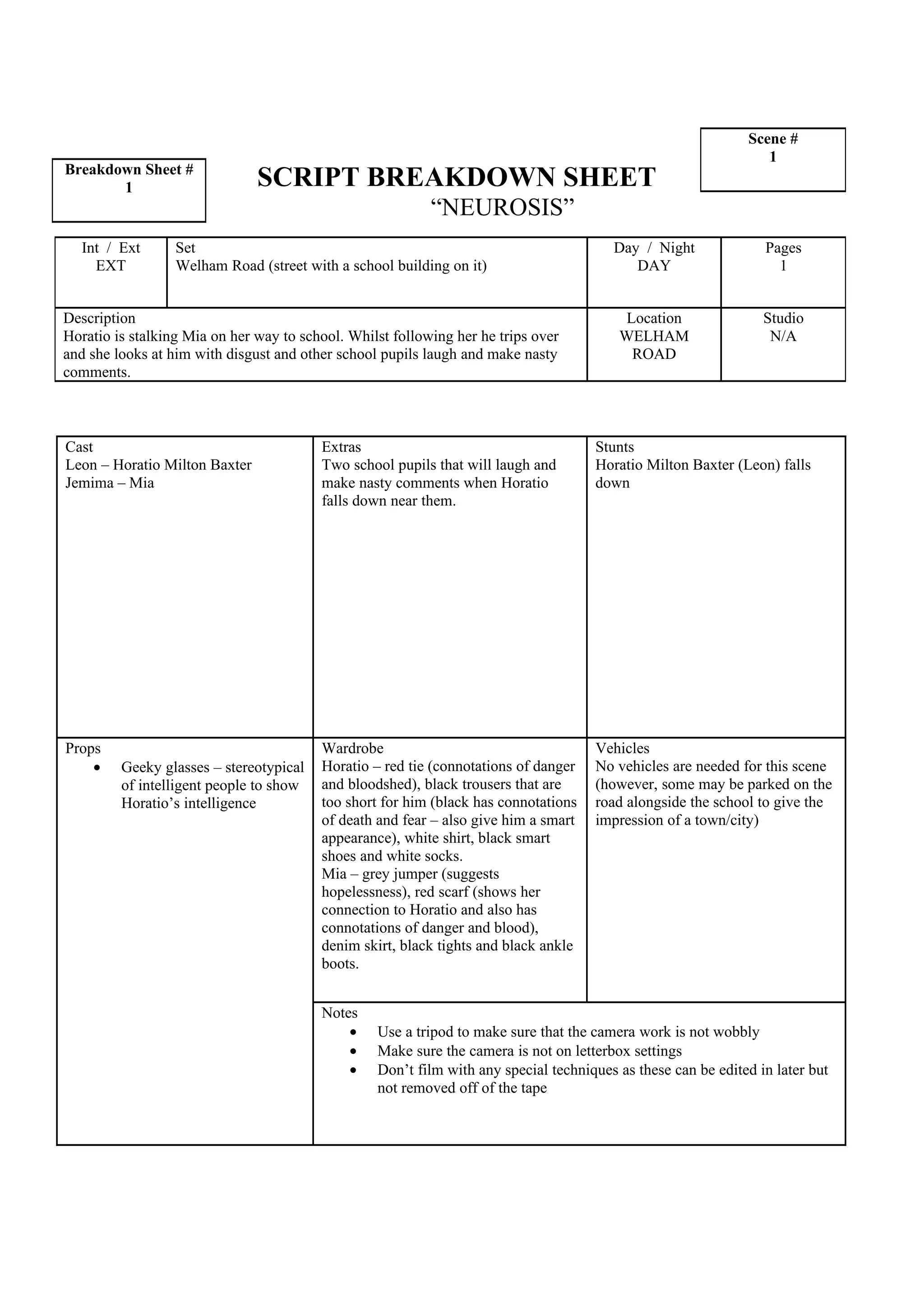 Script Breakdown Sheet 1 | DOC